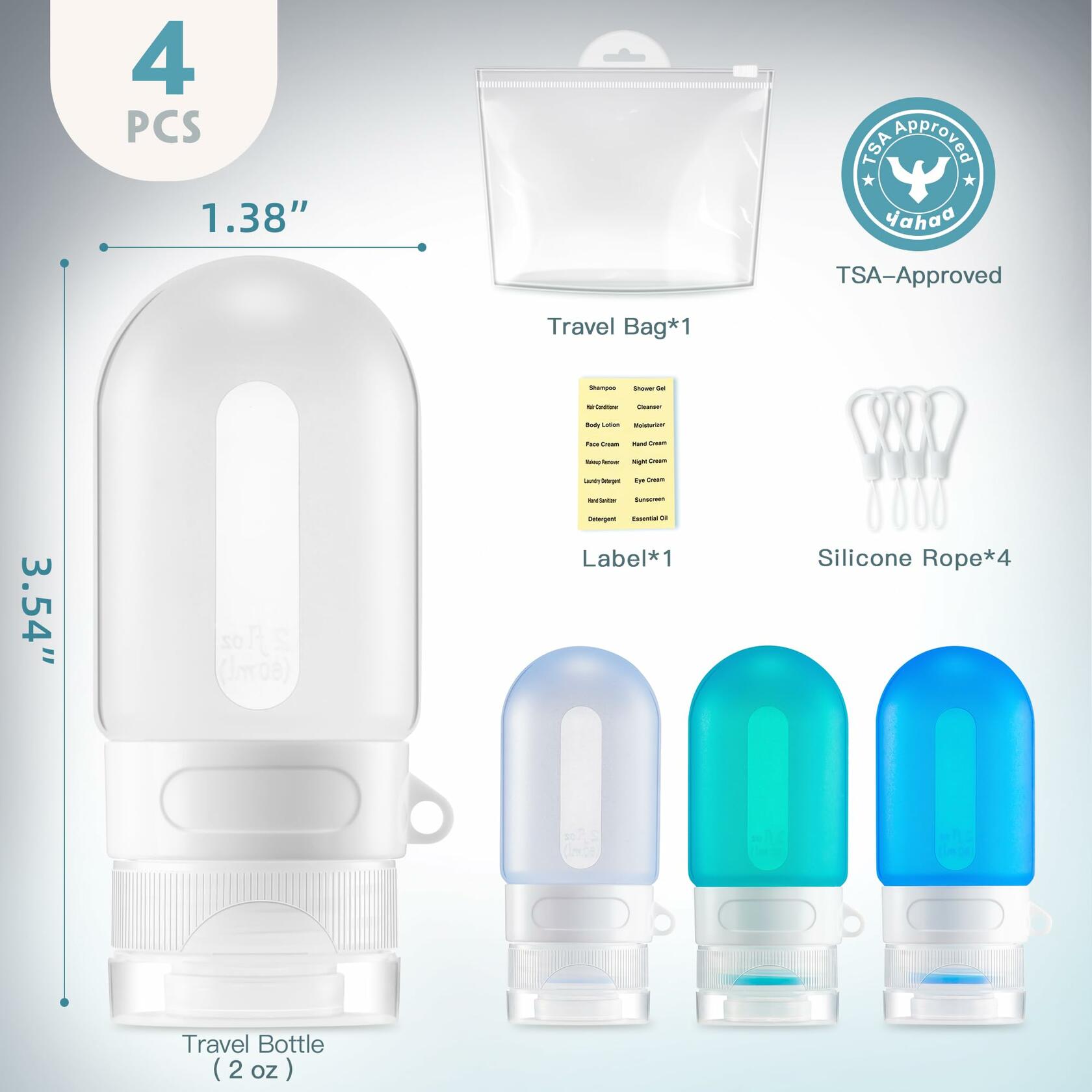 yahaa Travel Bottles for Toiletries 2oz 4 Pcs Blue Silicone Airplane Theme