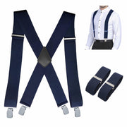 ELEFEA Men's Heavy Duty Suspenders 2" Wide X-Shape Adjustable Navy Blue Size L