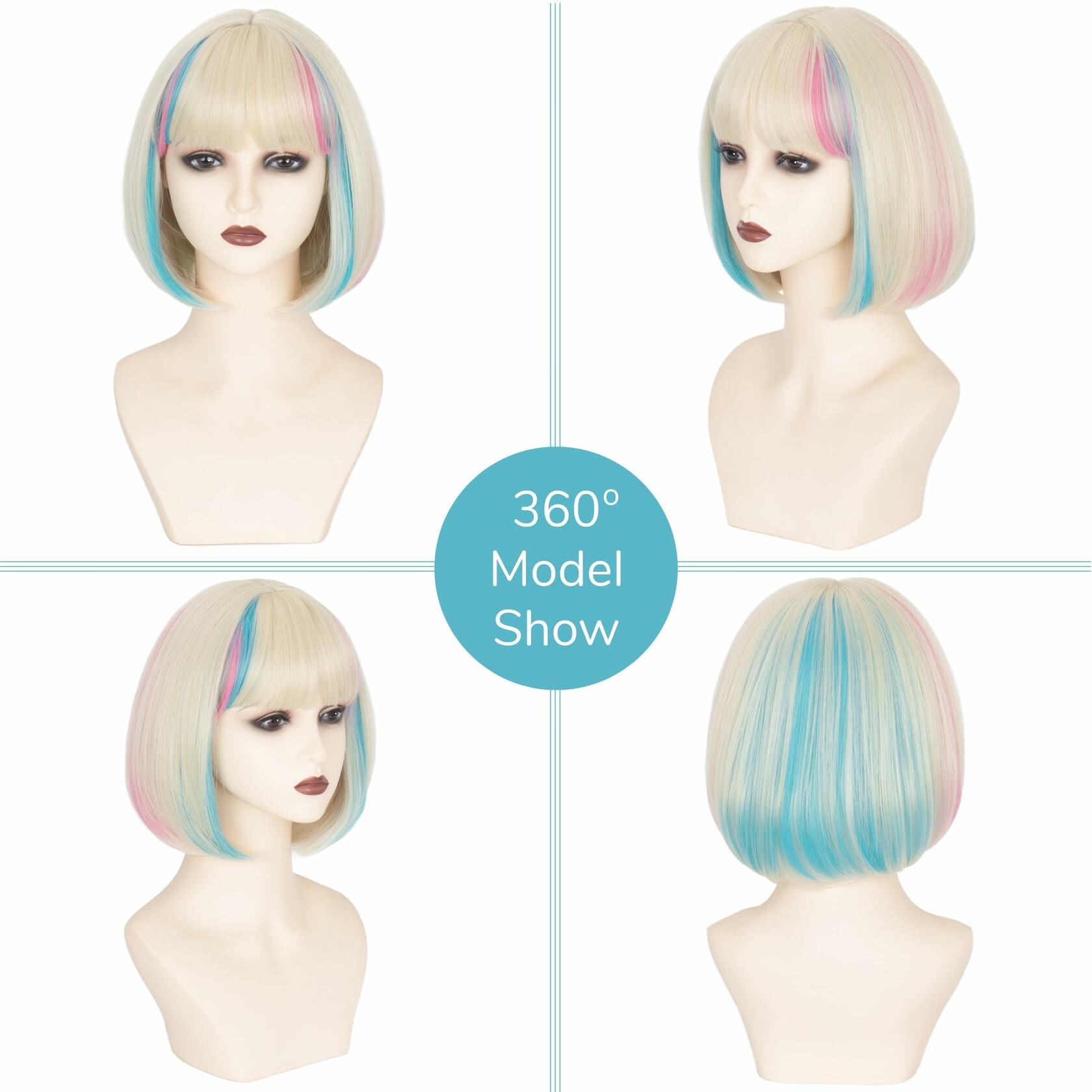 Miss U Hair Short Straight Blonde Bob Wig Blue Pink Streaks Ombre Bangs