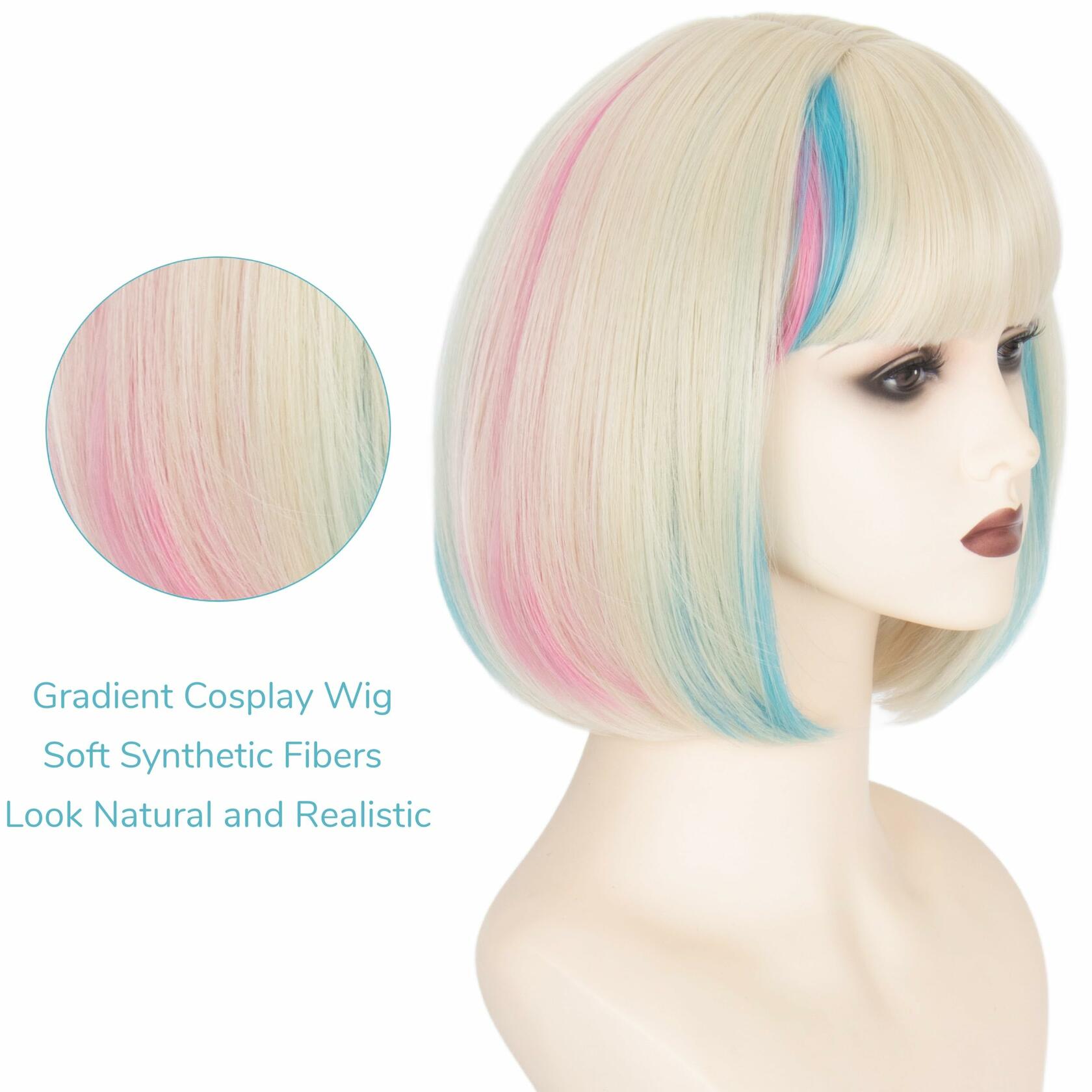 Miss U Hair Short Straight Blonde Bob Wig Blue Pink Streaks Ombre Bangs