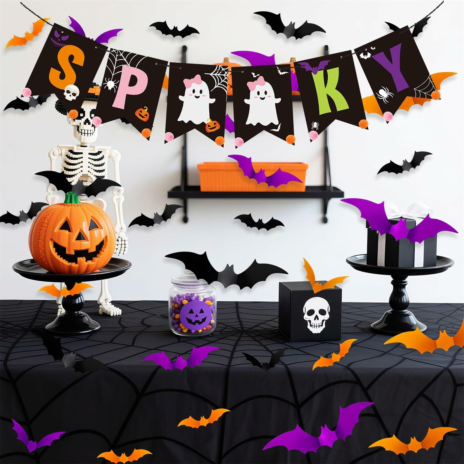 Fxozru Spooky Halloween Banner Bats Sticker Pink Purple Black Orange