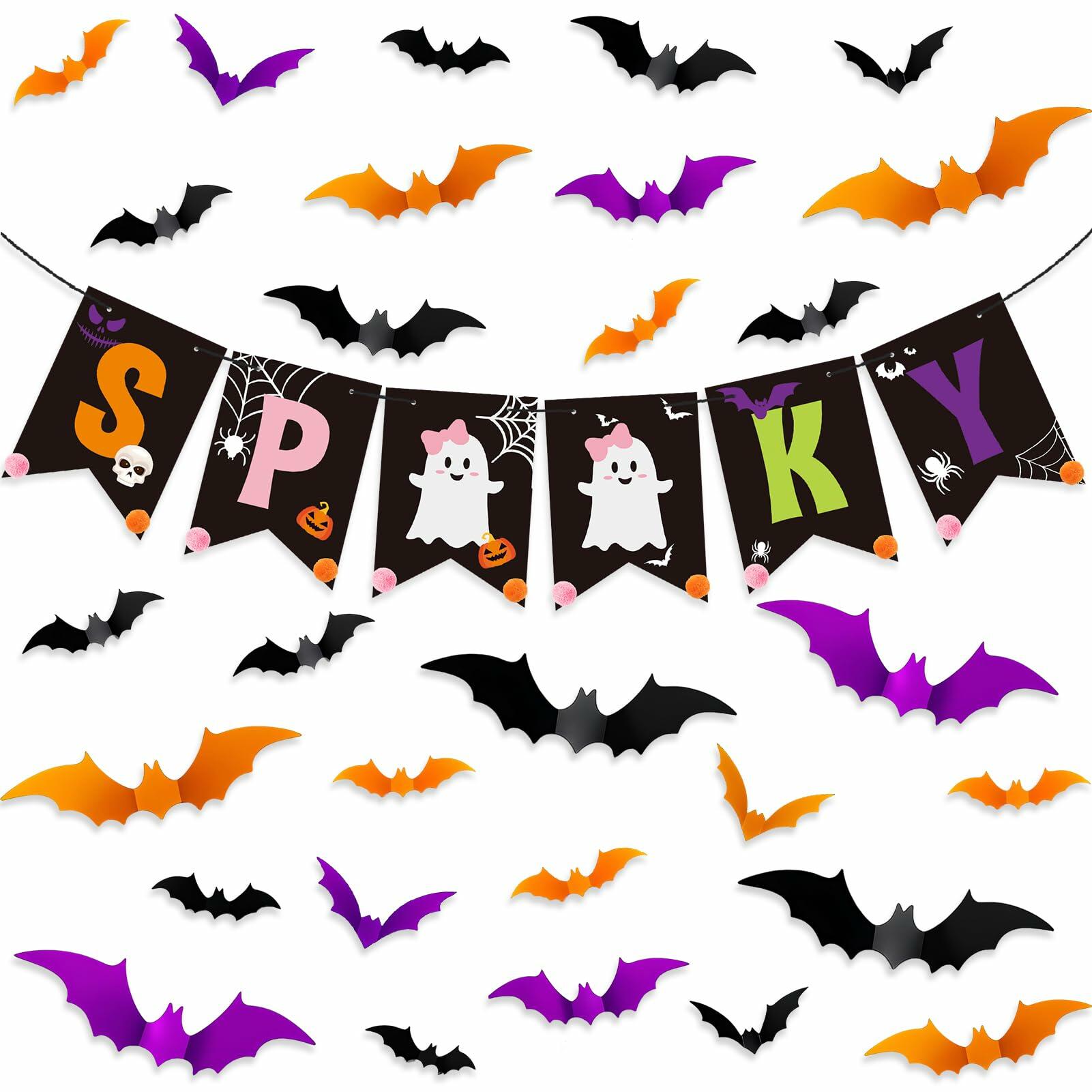 Fxozru Spooky Halloween Banner Bats Sticker Pink Purple Black Orange