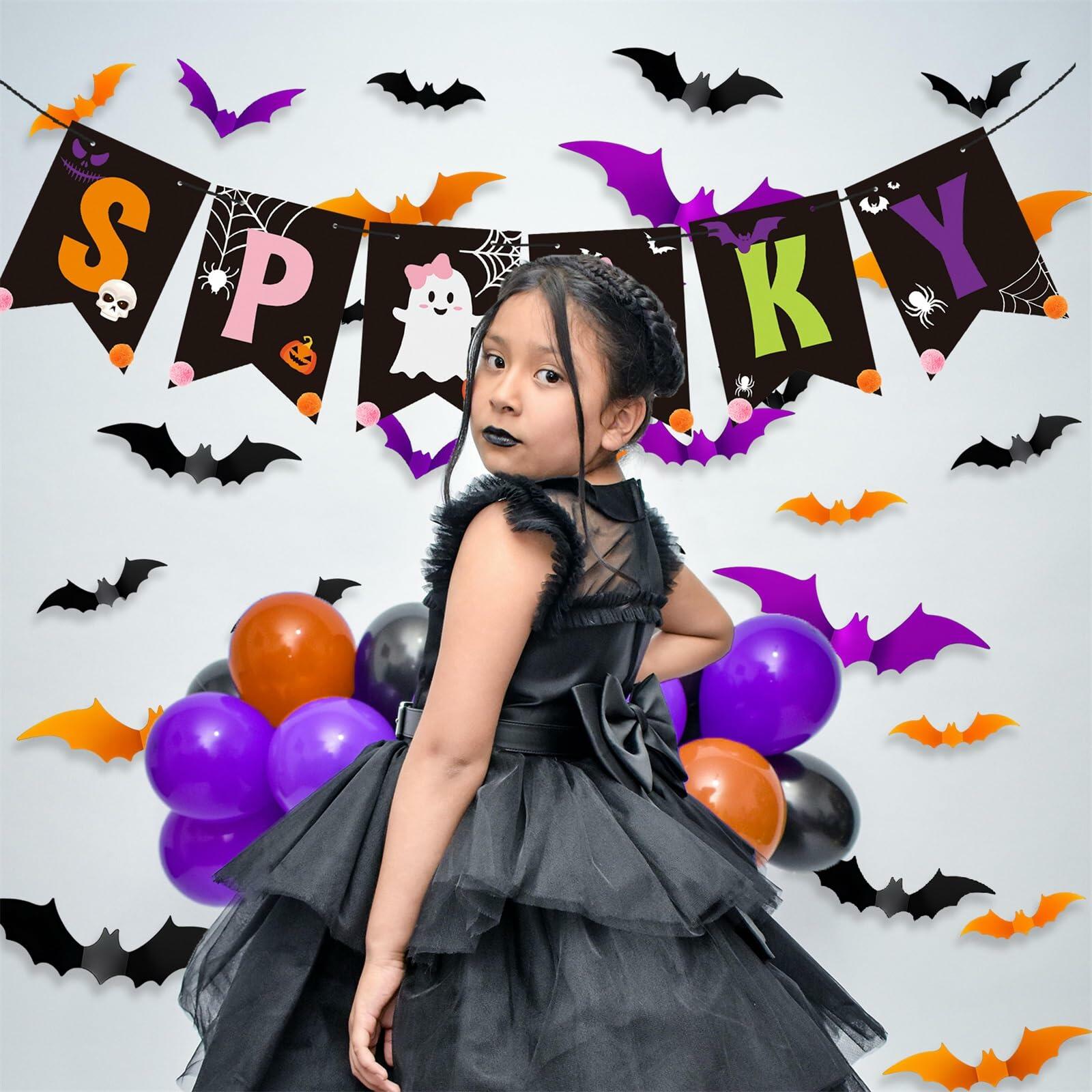 Fxozru Spooky Halloween Banner Bats Sticker Pink Purple Black Orange