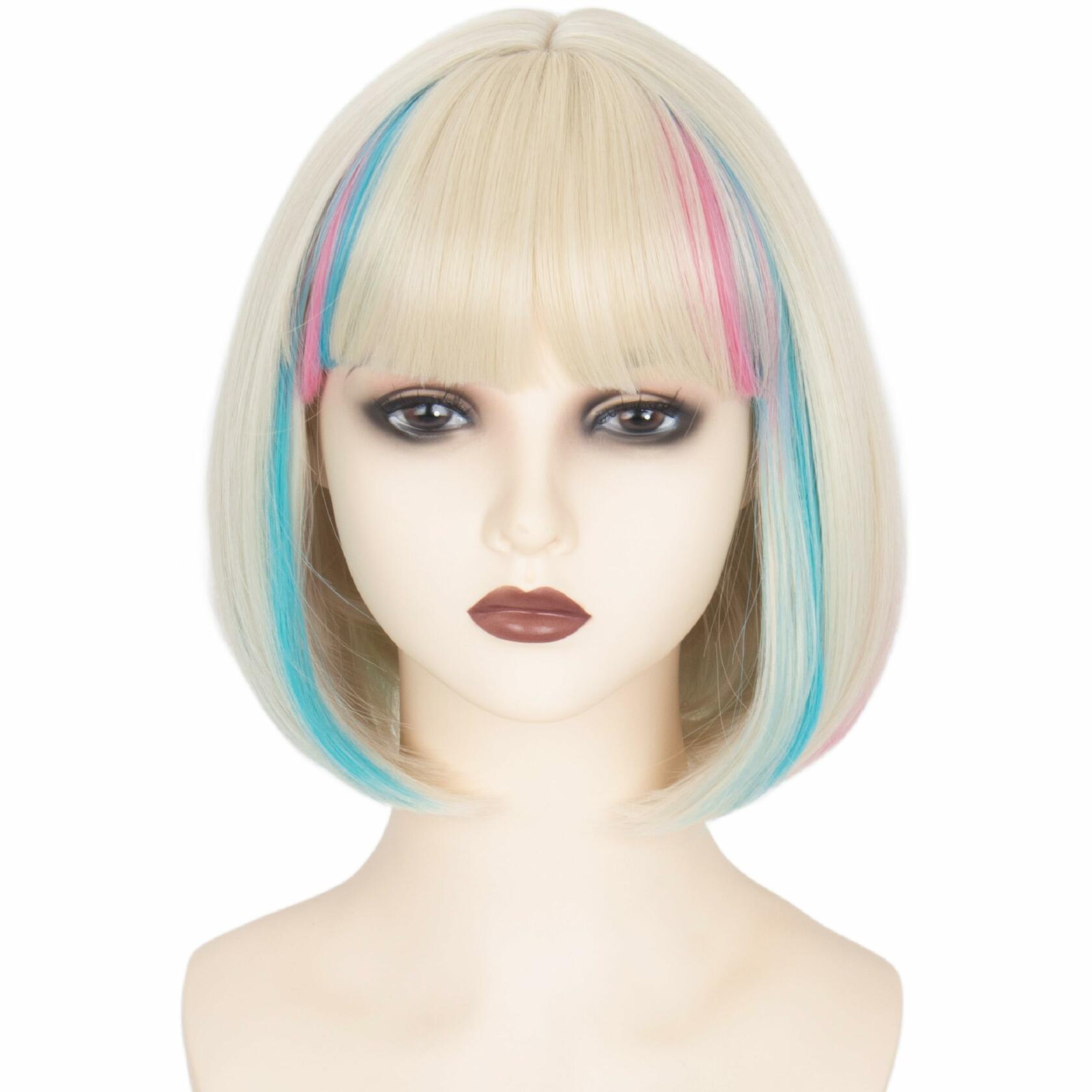 Miss U Hair Short Straight Blonde Bob Wig Blue Pink Streaks Ombre Bangs