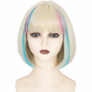 Miss U Hair Short Straight Blonde Bob Wig Blue Pink Streaks Ombre Bangs