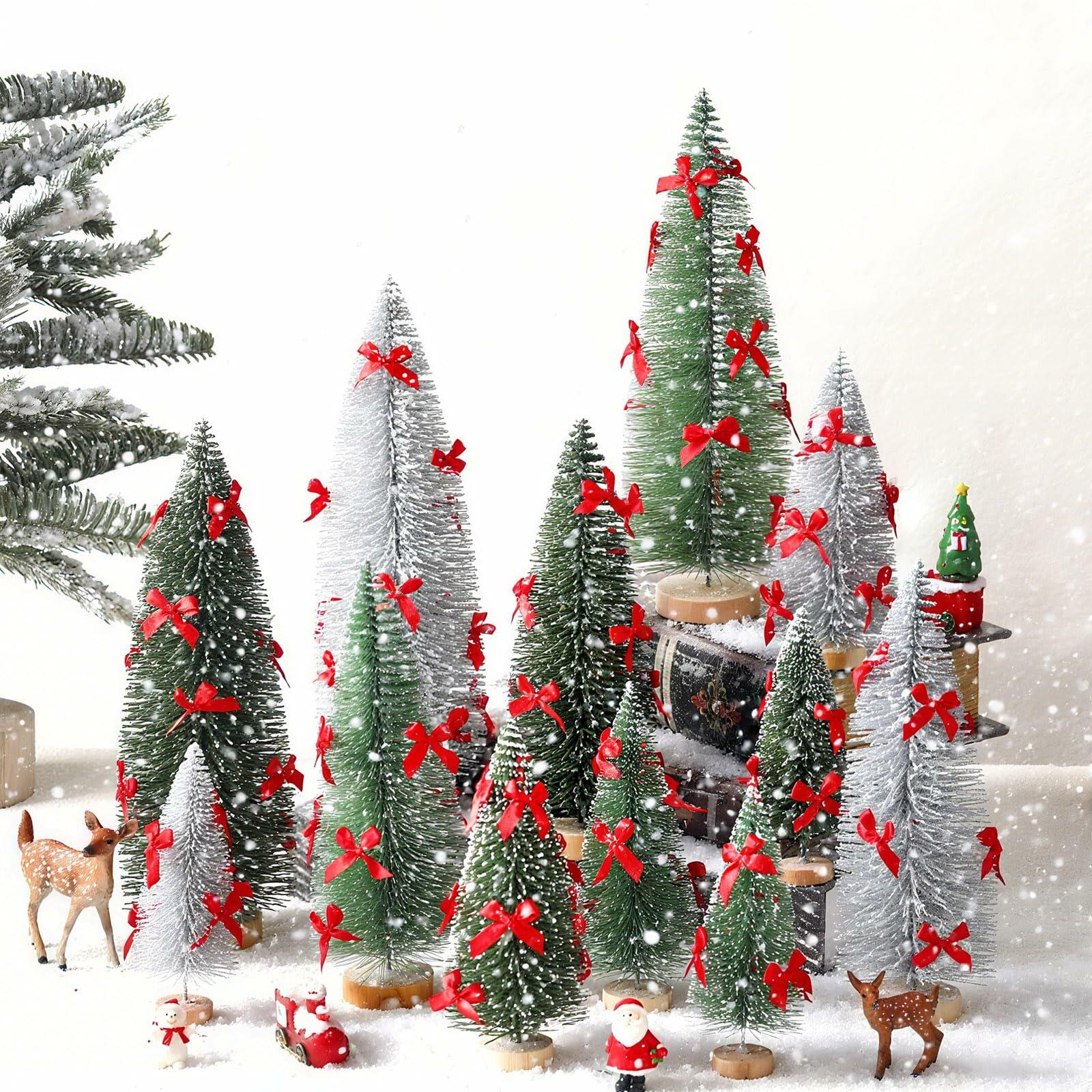 Soaoo 12 Pack Bottle Brush Christmas Trees 5-10in Wood Base Green Silver