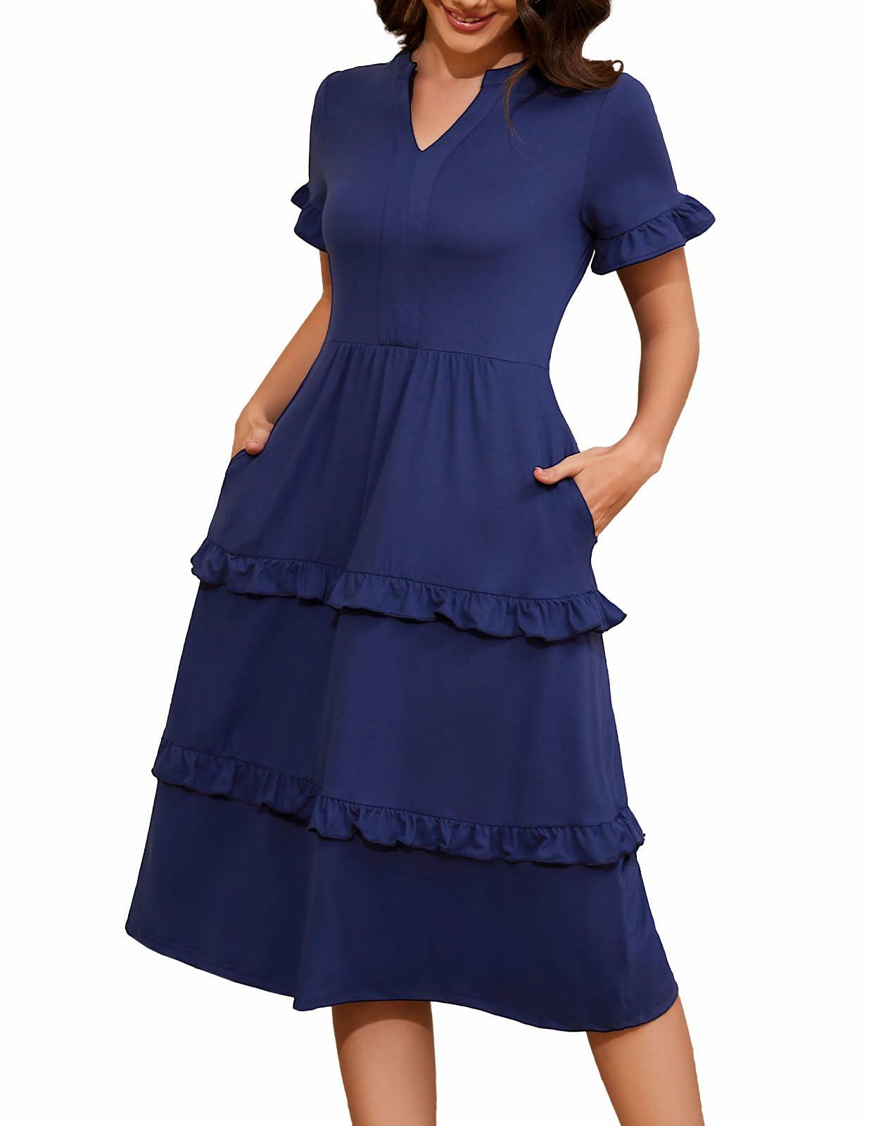 DRESSTELLS Womens Casual Ruffle V Neck Midi Dress Ivory Plus Size 2XL