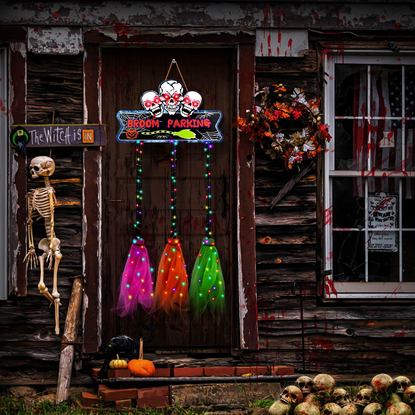 Tiaxidex Lighted Halloween Witch Broom Parking Sign Porch Door Decor