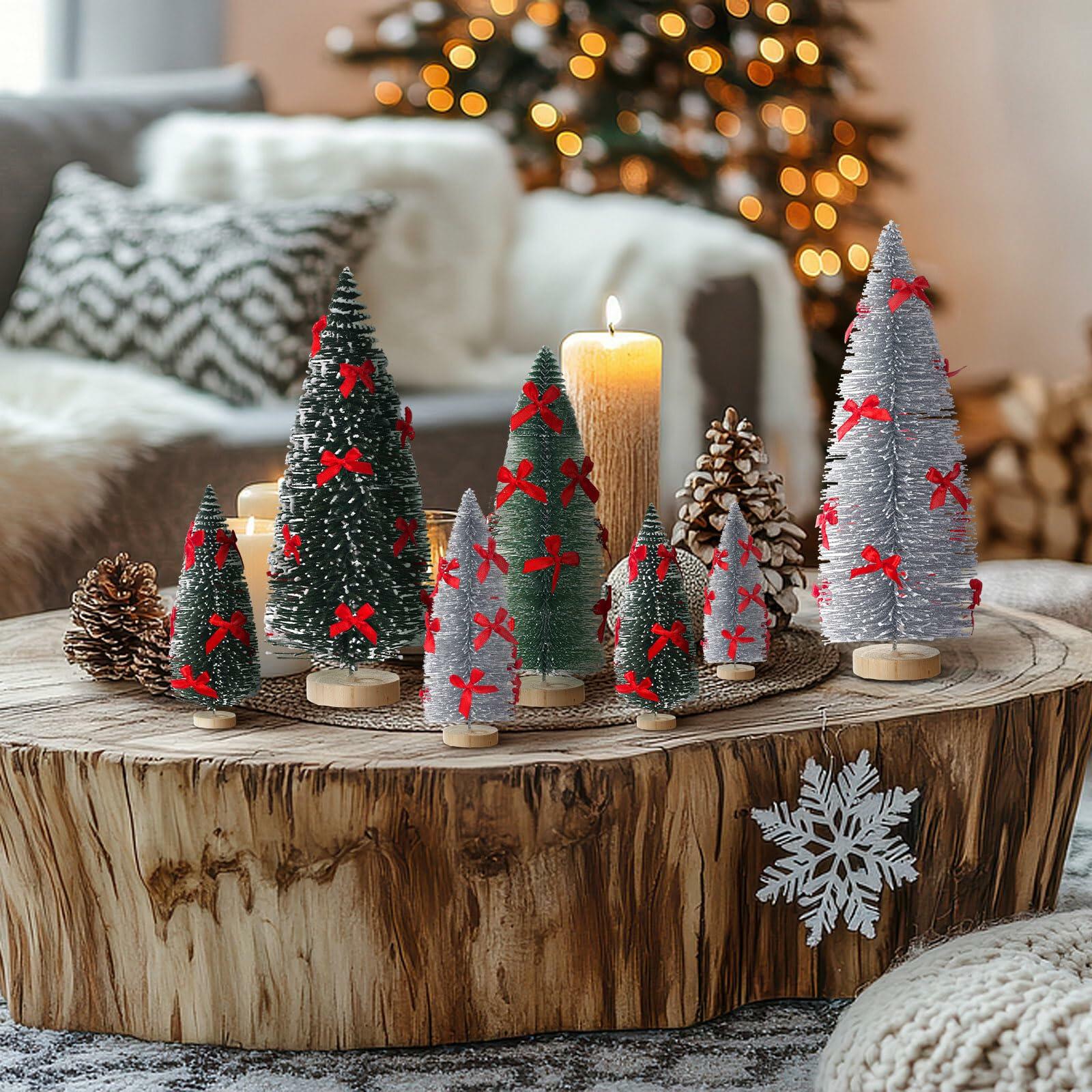 Soaoo 12 Pack Bottle Brush Christmas Trees 5-10in Wood Base Green Silver