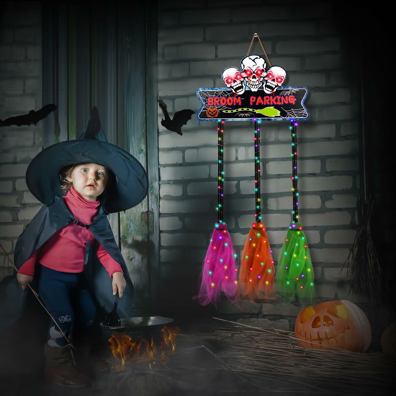 Tiaxidex Lighted Halloween Witch Broom Parking Sign Porch Door Decor