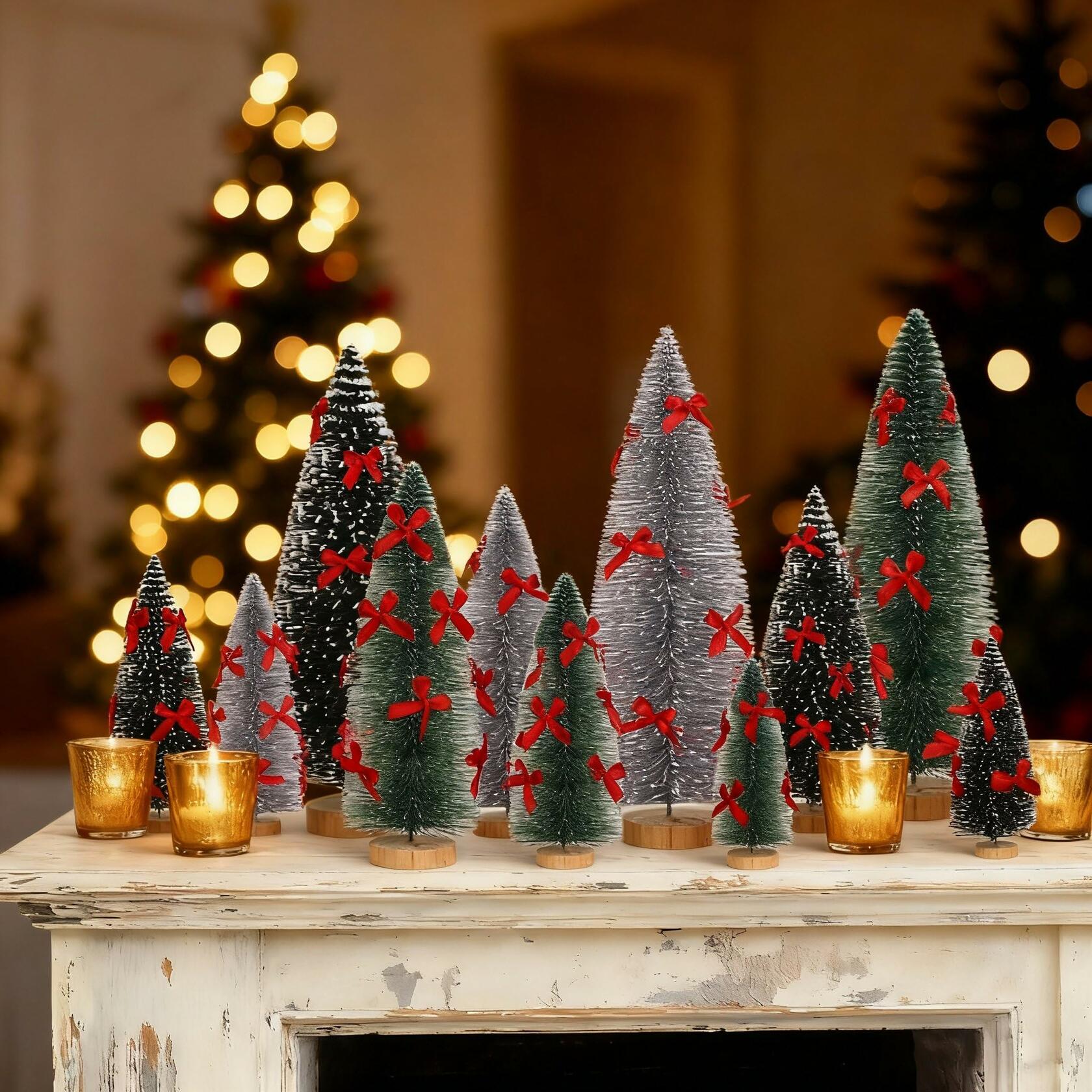 Soaoo 12 Pack Bottle Brush Christmas Trees 5-10in Wood Base Green Silver