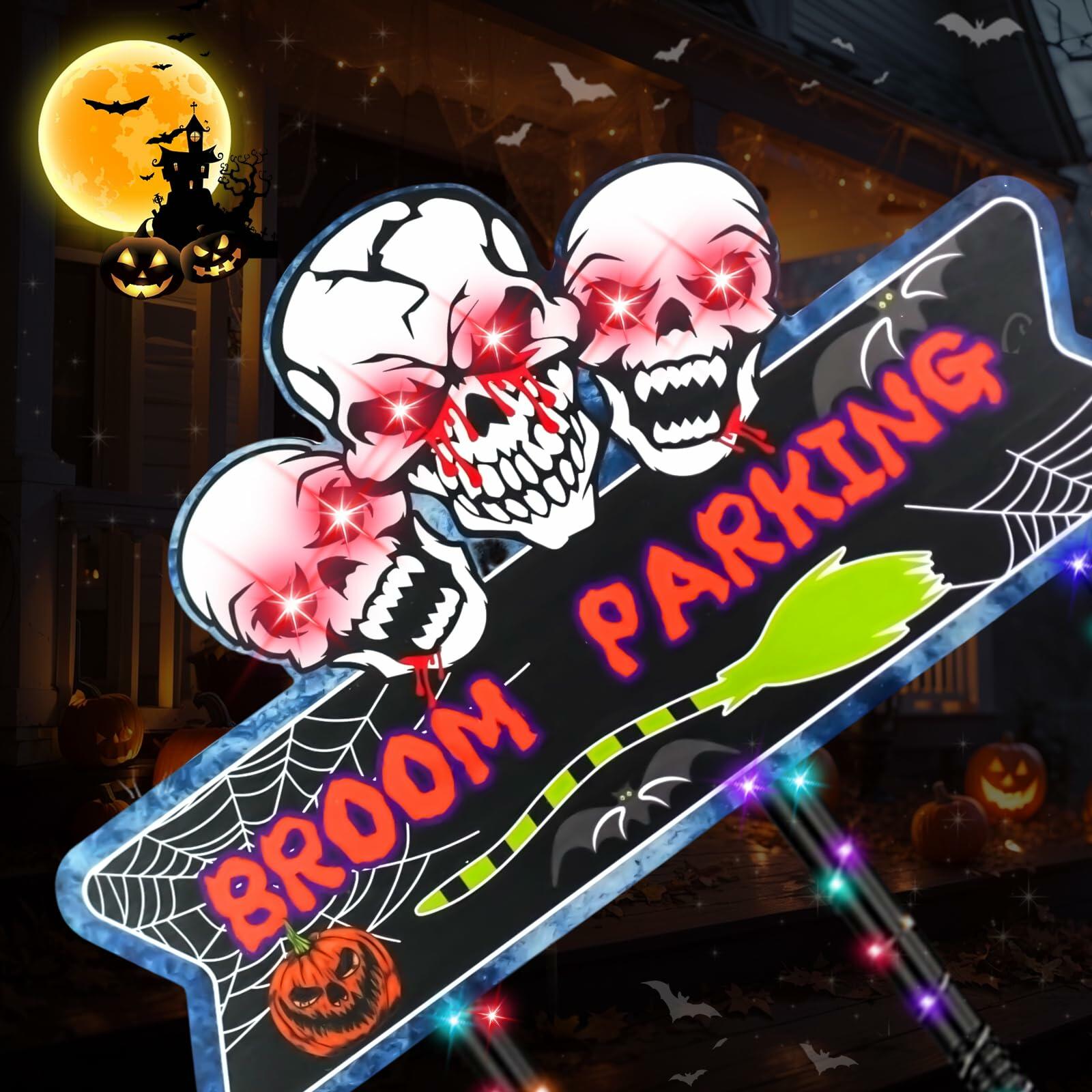 Tiaxidex Lighted Halloween Witch Broom Parking Sign Porch Door Decor