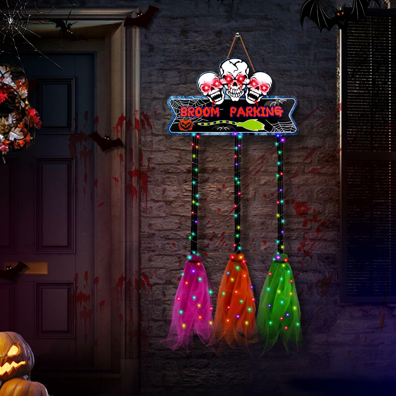 Tiaxidex Lighted Halloween Witch Broom Parking Sign Porch Door Decor