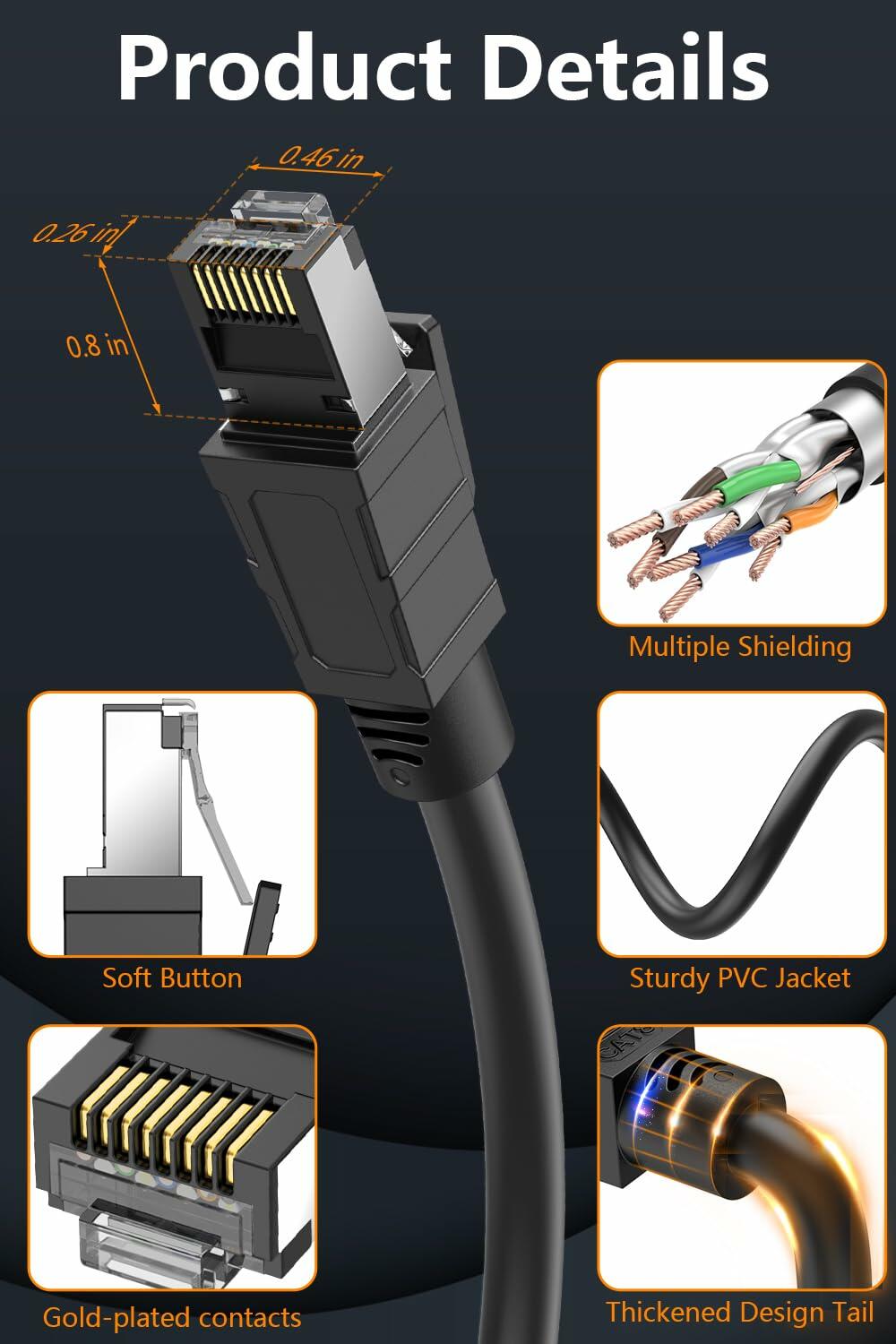 Qiuean Cat 8 Ethernet Cable 1.5ft Black RJ45 Shielded Patch Cord LAN