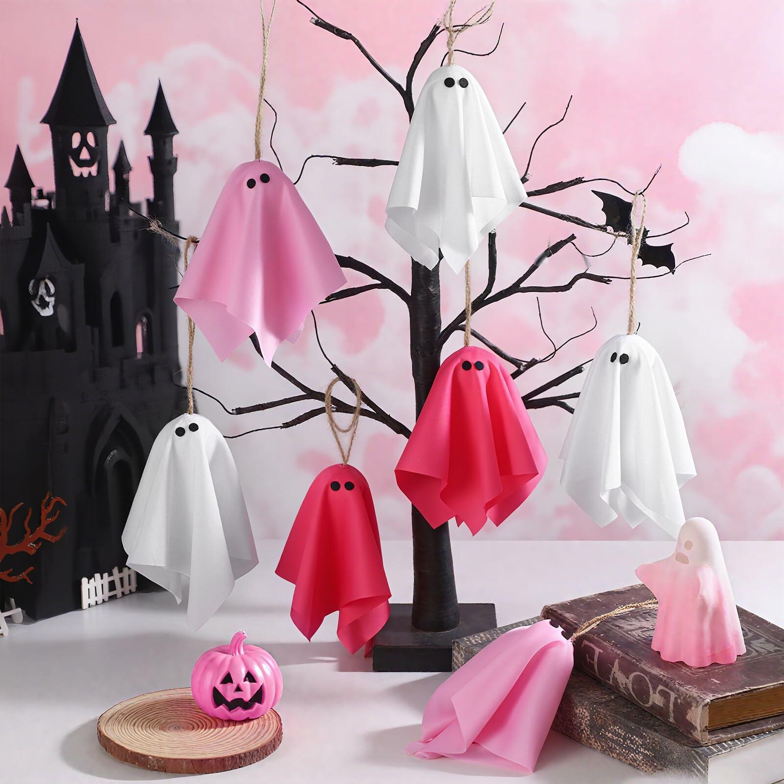 Tegeme 15 Pcs Pink Halloween Ghost Decor 4 Inch Pastel Hanging Ornaments