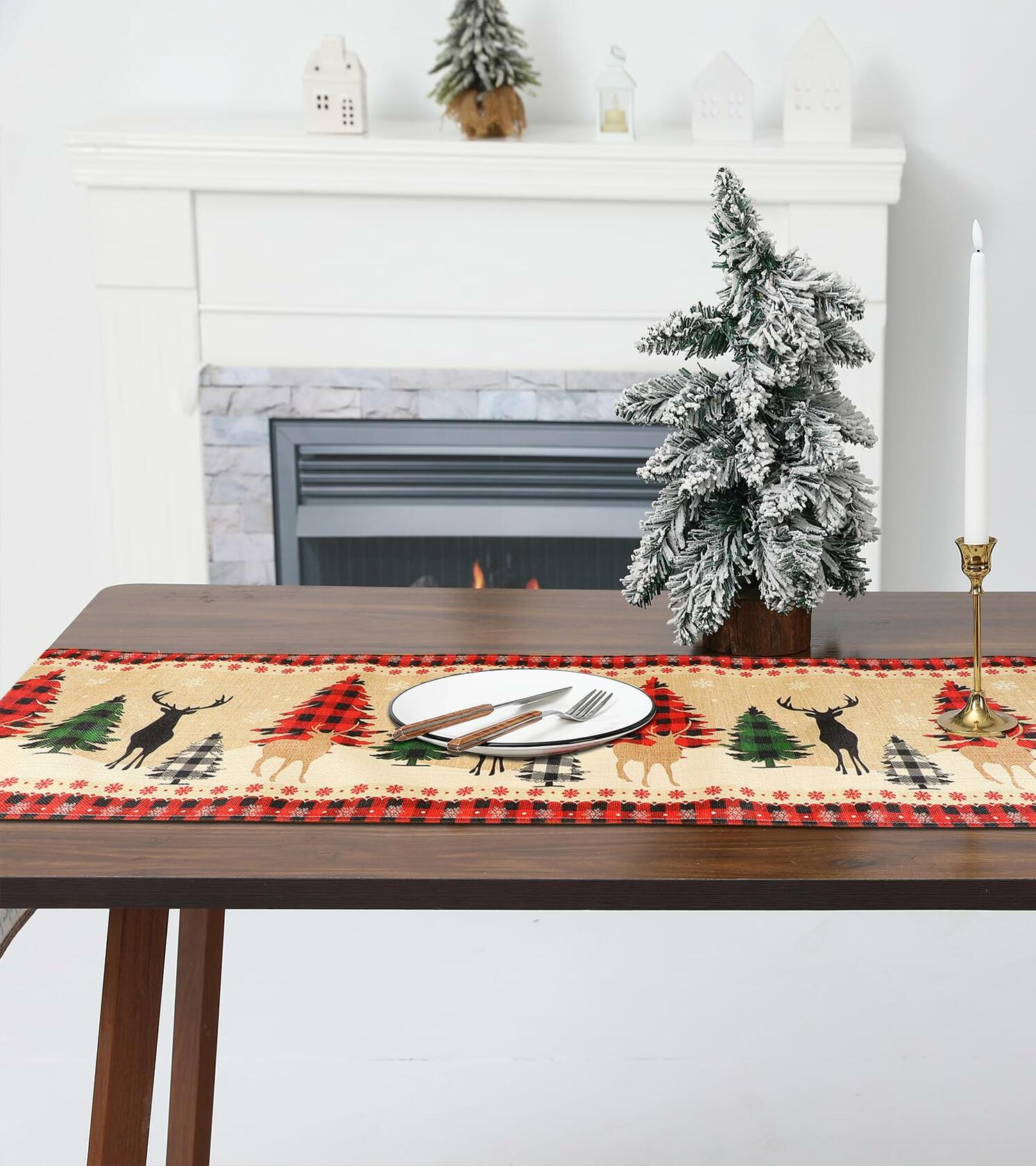 ToRhine Christmas Table Runner Linen Tree & Elk Pattern 72in Tree&elk
