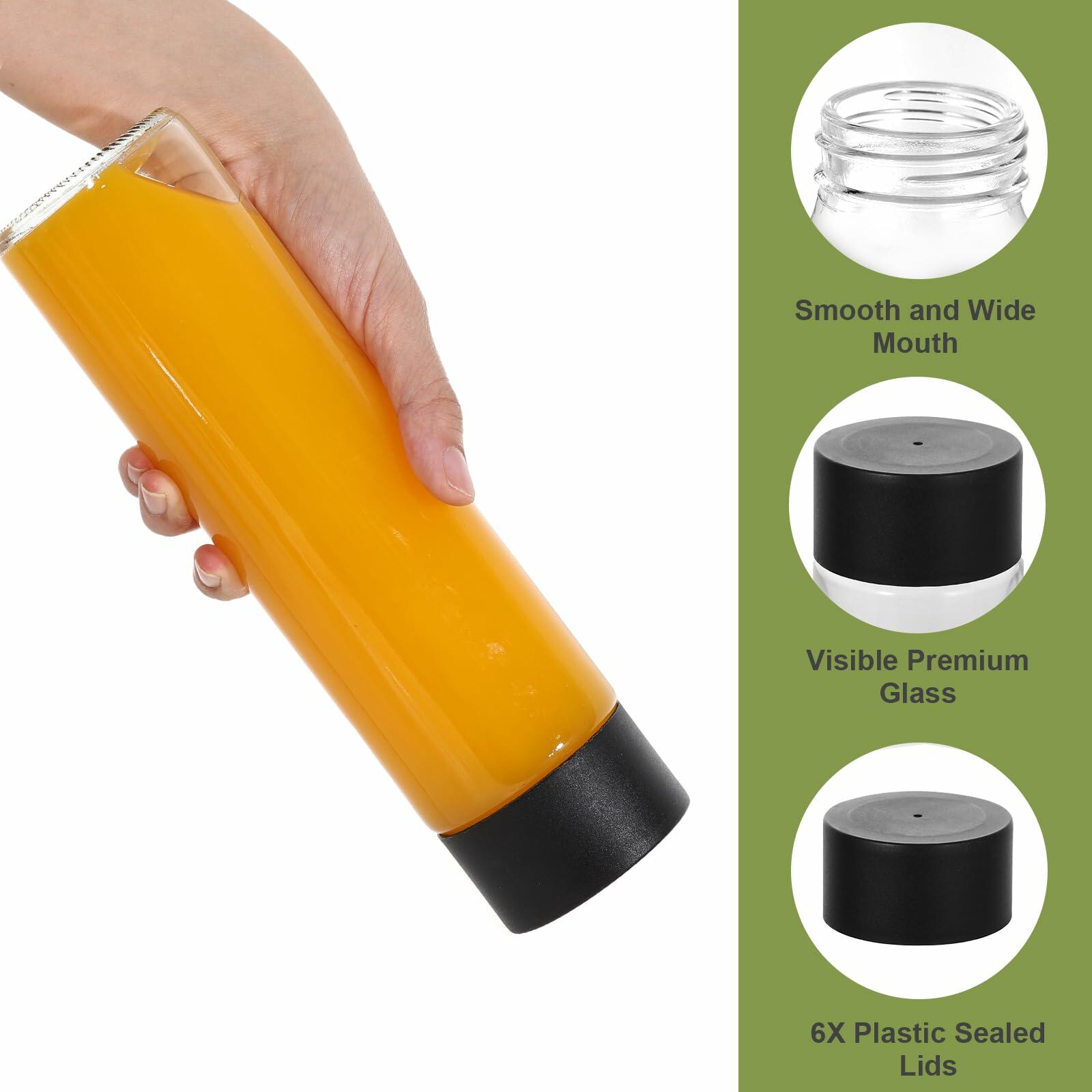Danmu Glass Juice Bottles 16oz Leakproof Reusable 6 Pack Black Lid