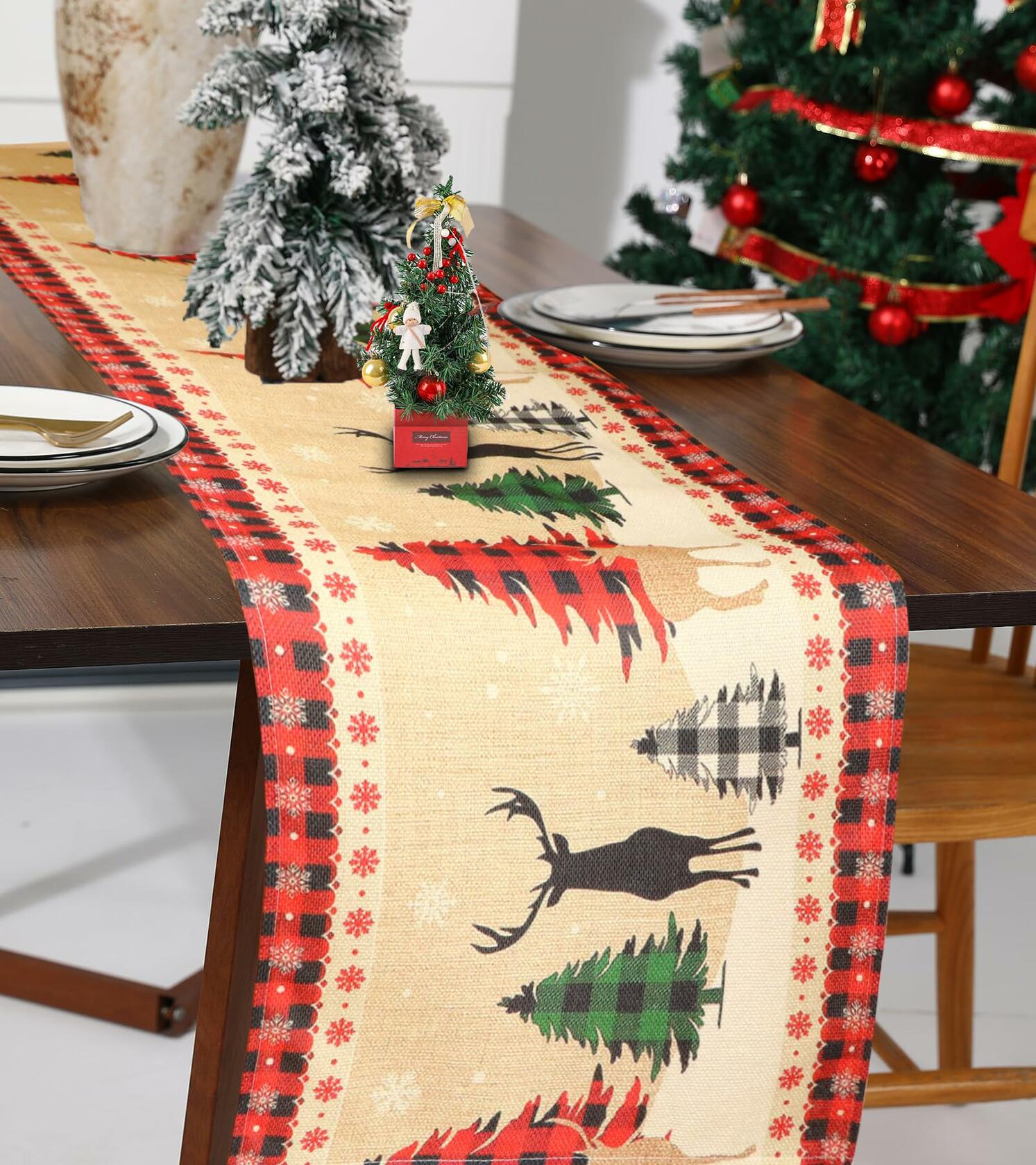 ToRhine Christmas Table Runner Linen Tree & Elk Pattern 72in Tree&elk