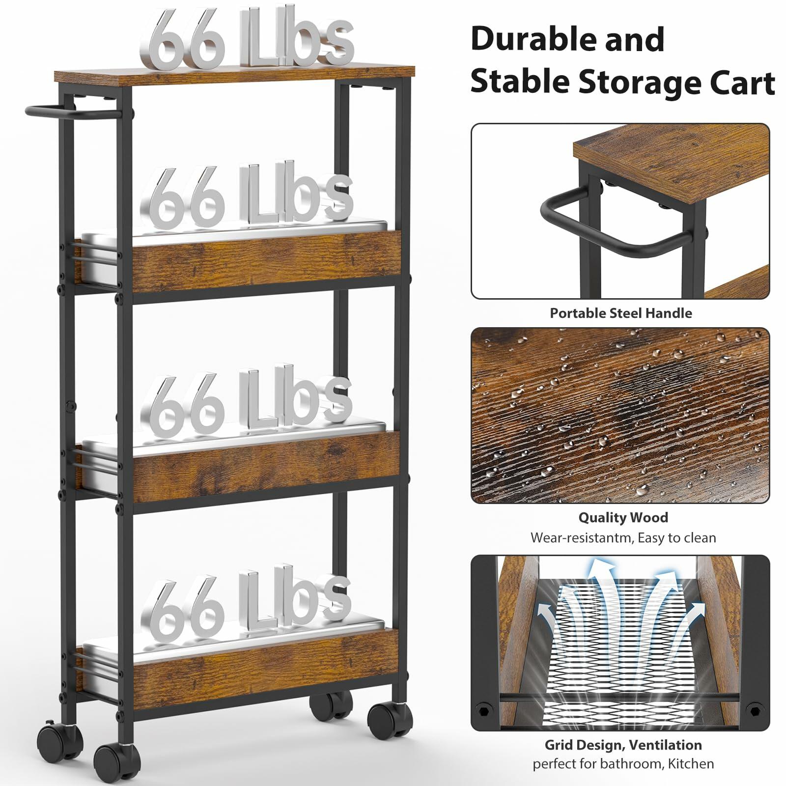 NATURE'S SOURCE 4 Tier Slim Rolling Storage Cart Metal Frame Wood Top Black