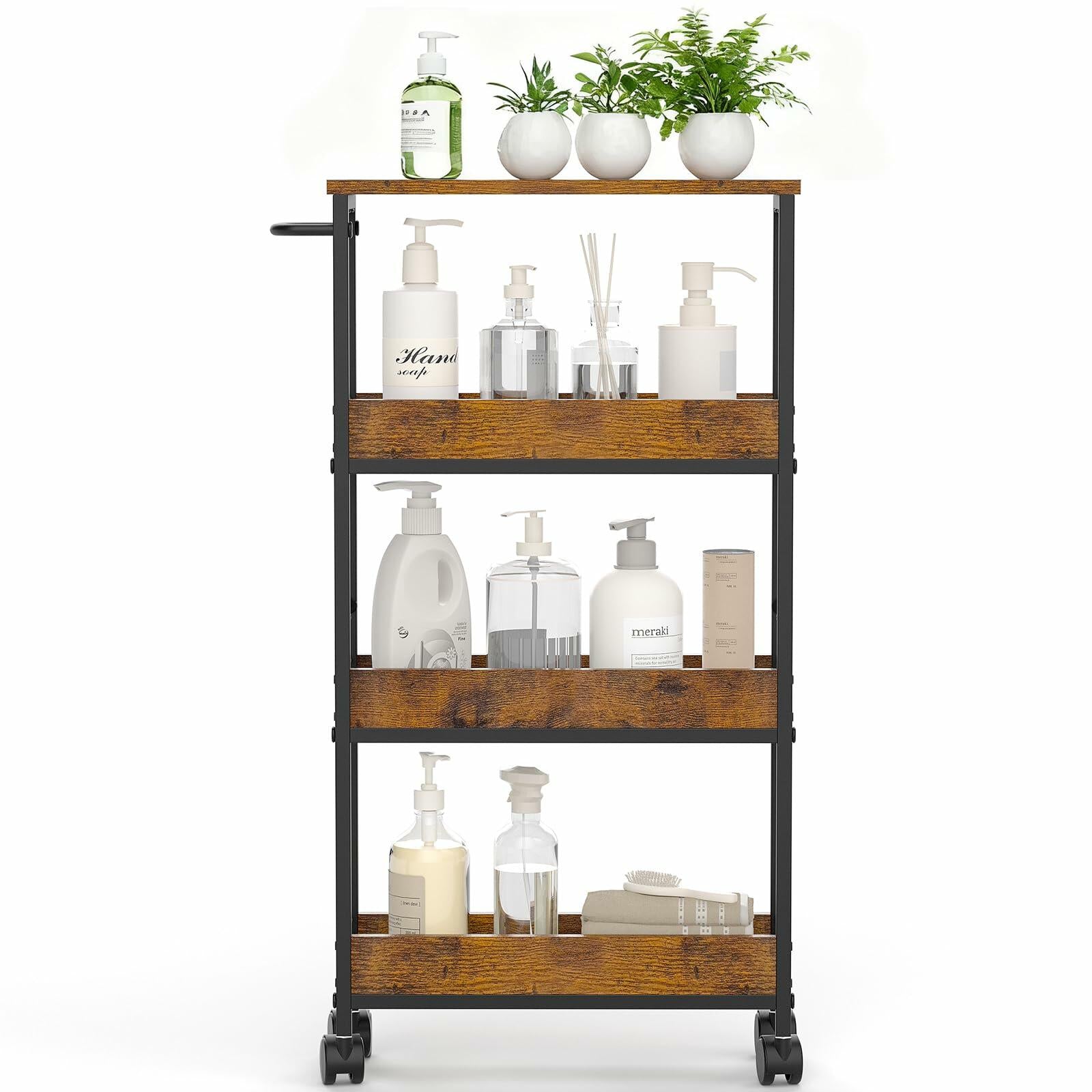 NATURE'S SOURCE 4 Tier Slim Rolling Storage Cart Metal Frame Wood Top Black