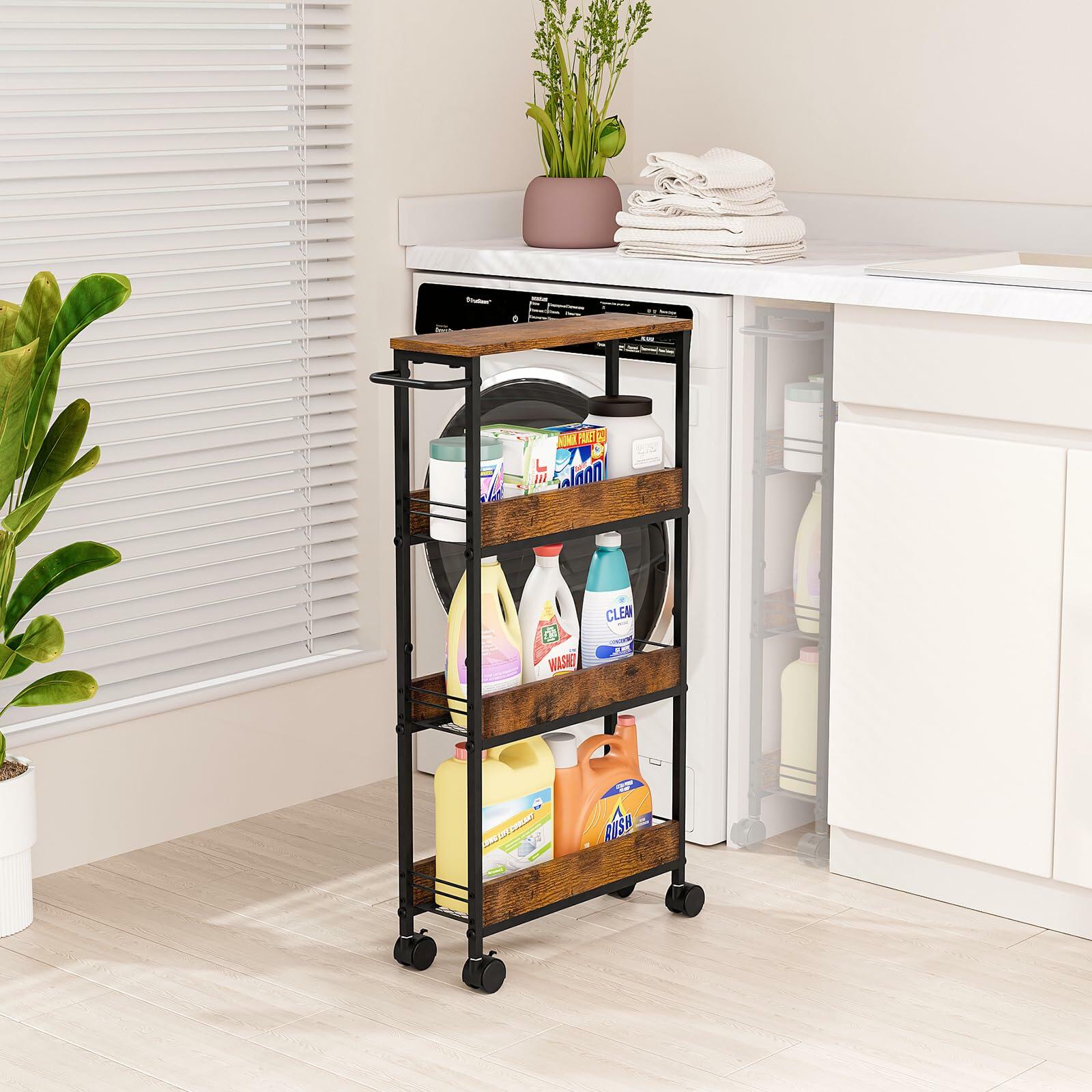 NATURE'S SOURCE 4 Tier Slim Rolling Storage Cart Metal Frame Wood Top Black