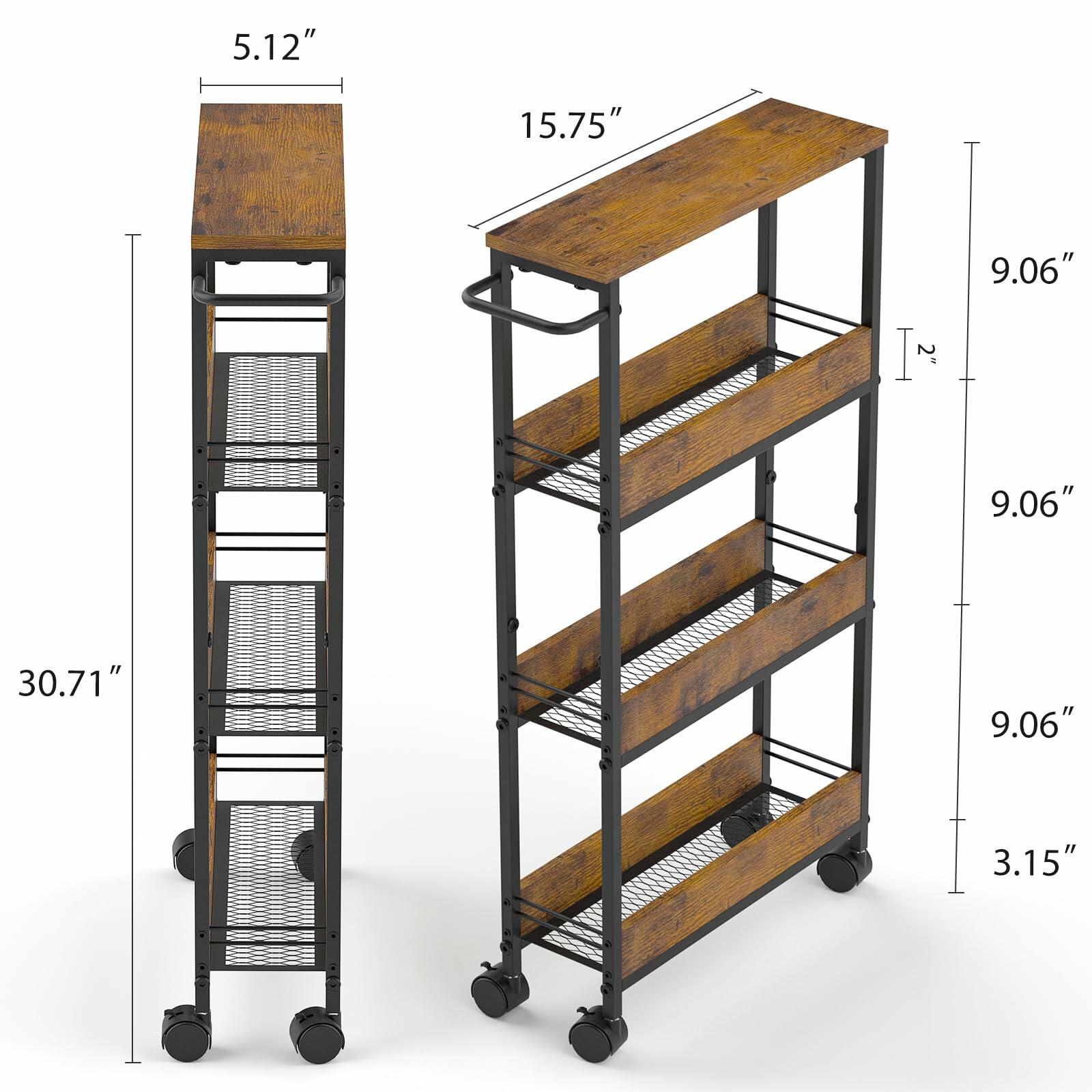 NATURE'S SOURCE 4 Tier Slim Rolling Storage Cart Metal Frame Wood Top Black