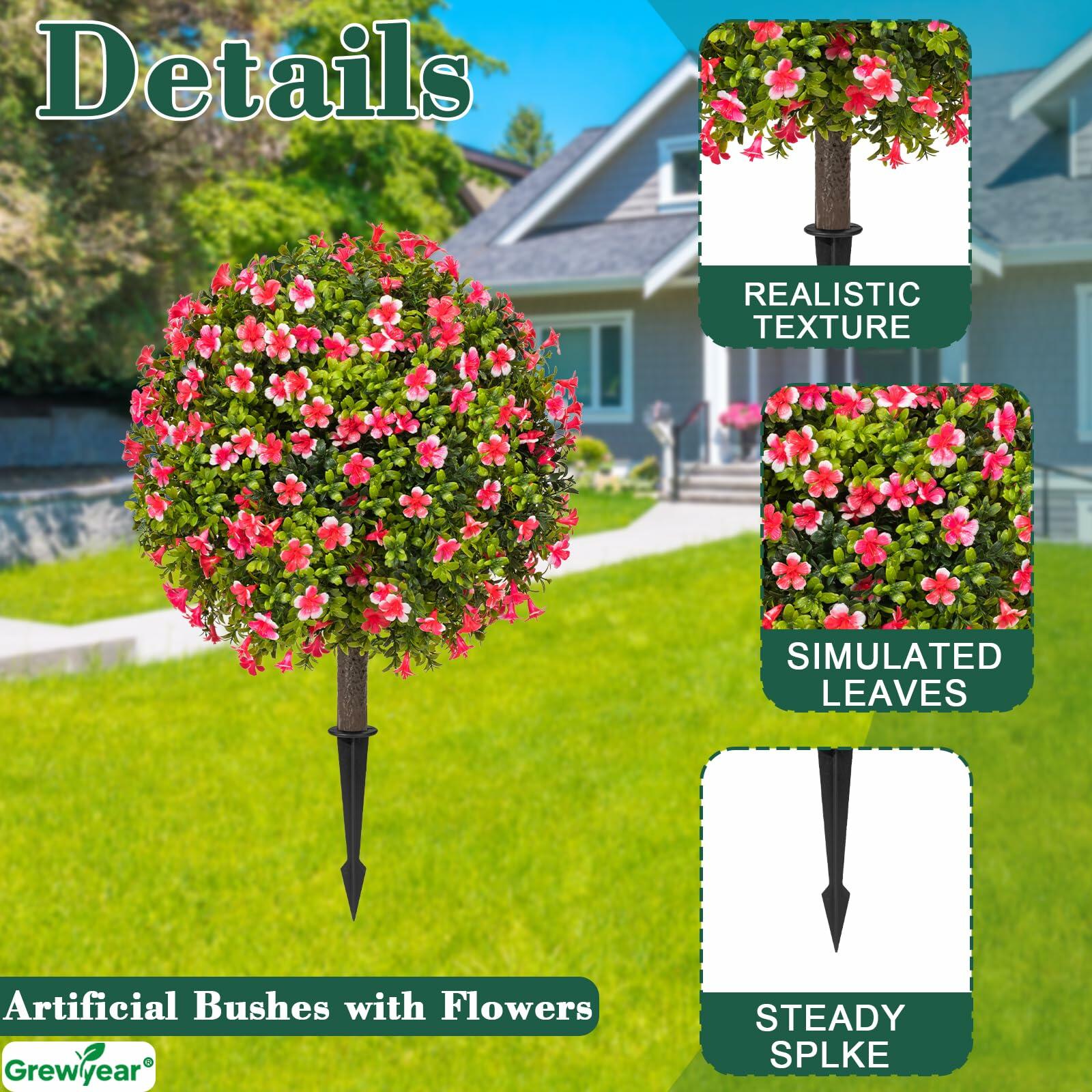 Grewyear Faux Boxwood Topiary Ball Plants Set of 2 18" Green with Red Flower
