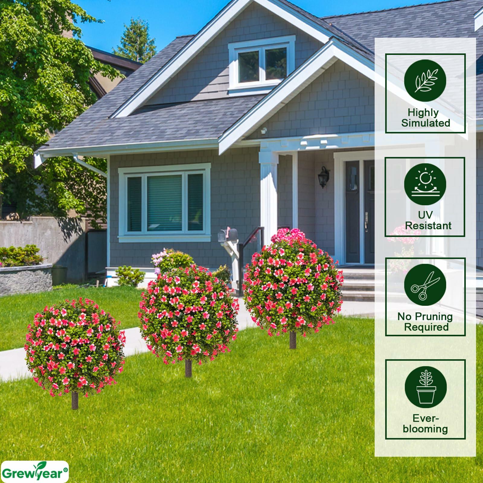 Grewyear Faux Boxwood Topiary Ball Plants Set of 2 18" Green with Red Flower