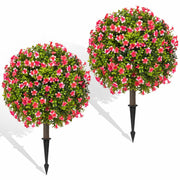 Grewyear Faux Boxwood Topiary Ball Plants Set of 2 18" Green with Red Flower