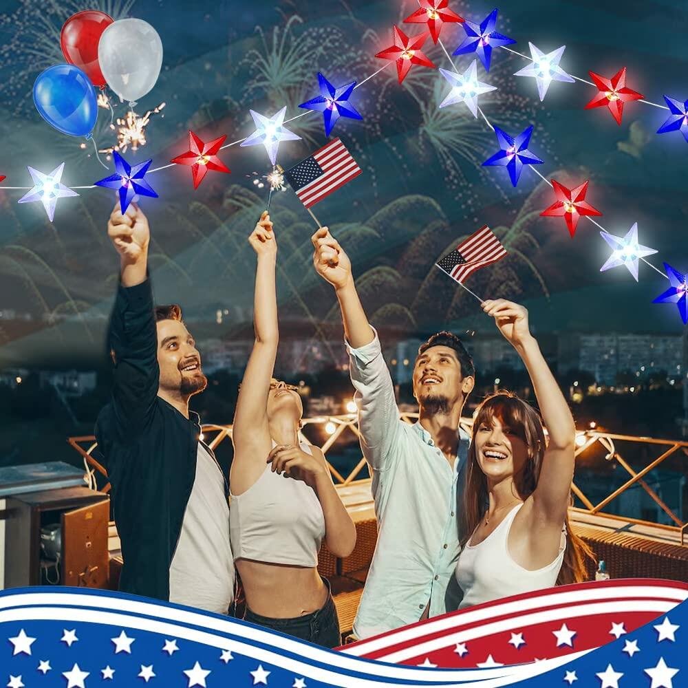 Couah 2 Pack 80 LED Red White Blue Battery Operated 20FT Star Lights