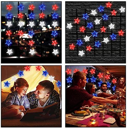 Couah 2 Pack 80 LED Red White Blue Battery Operated 20FT Star Lights