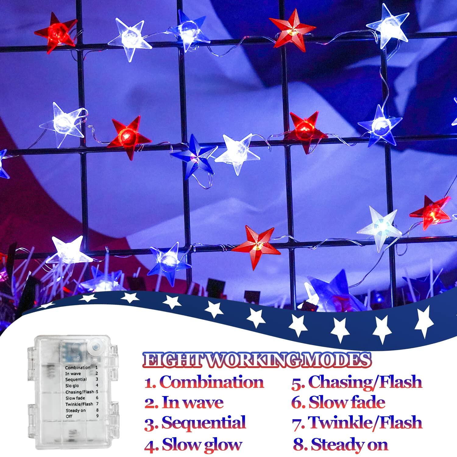 Couah 2 Pack 80 LED Red White Blue Battery Operated 20FT Star Lights