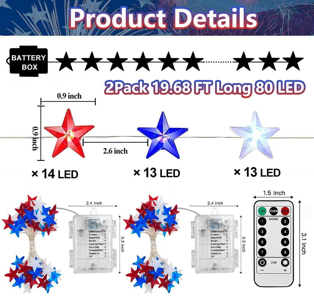 Couah 2 Pack 80 LED Red White Blue Battery Operated 20FT Star Lights