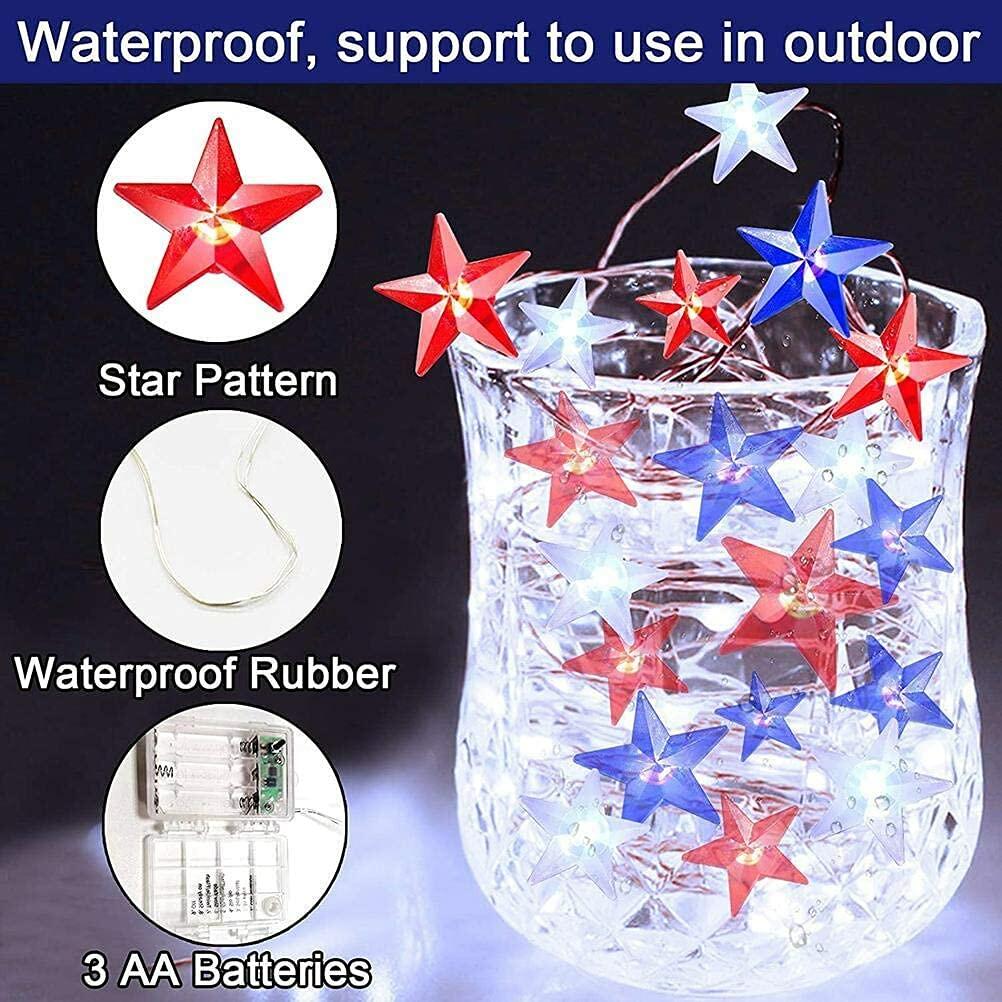 Couah 2 Pack 80 LED Red White Blue Battery Operated 20FT Star Lights