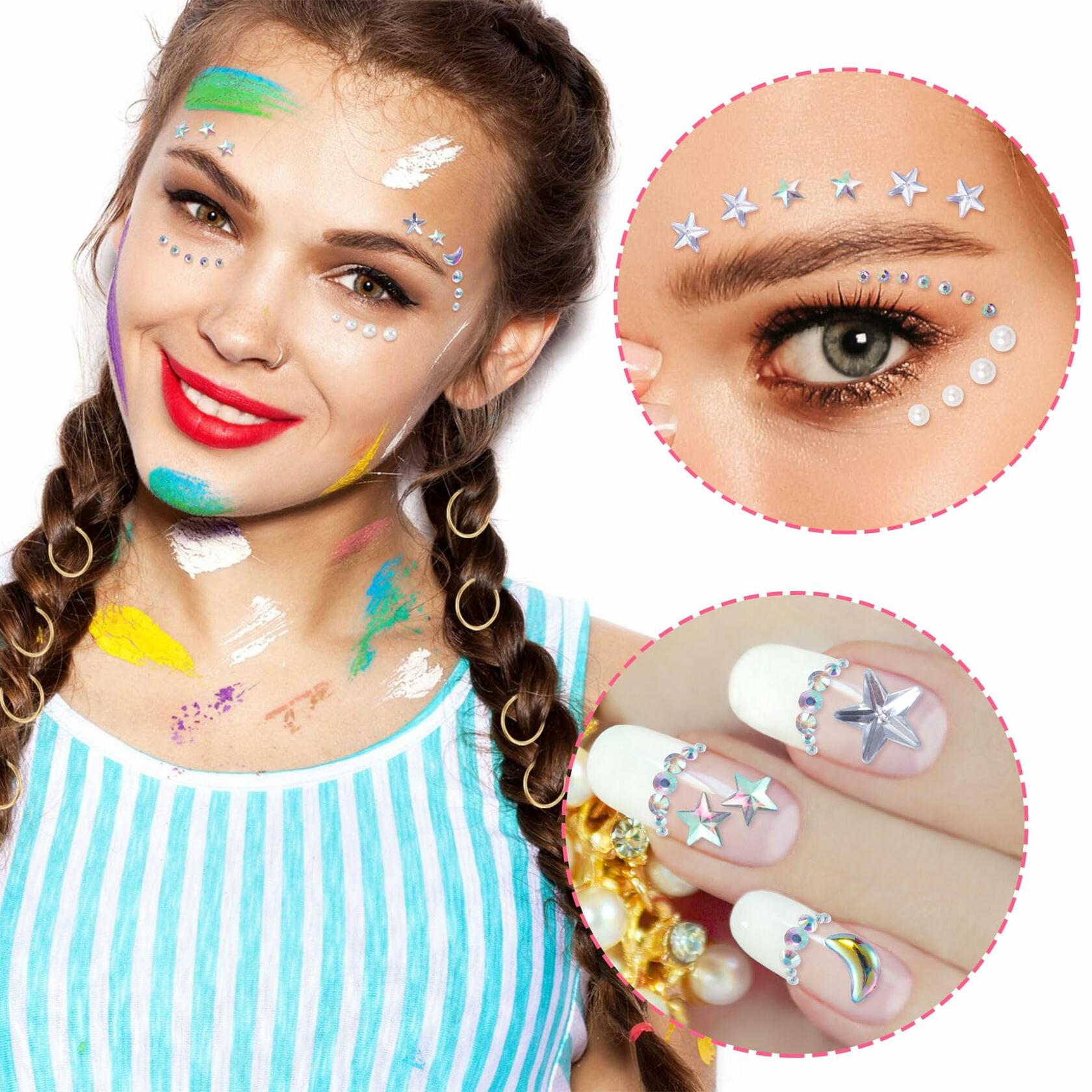 OIIKI 2 Sheets Face Eye Gems Stickers Rhinestone Body Nail Stickers White