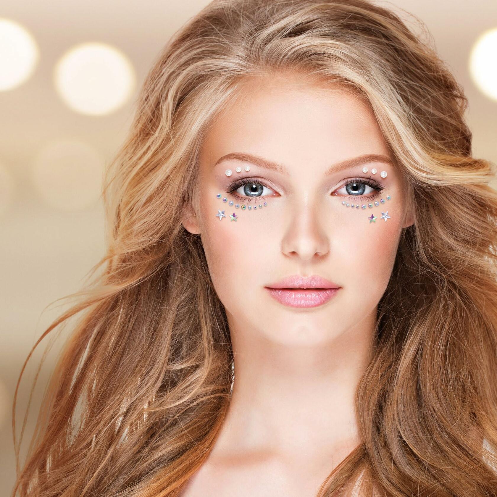 OIIKI 2 Sheets Face Eye Gems Stickers Rhinestone Body Nail Stickers White