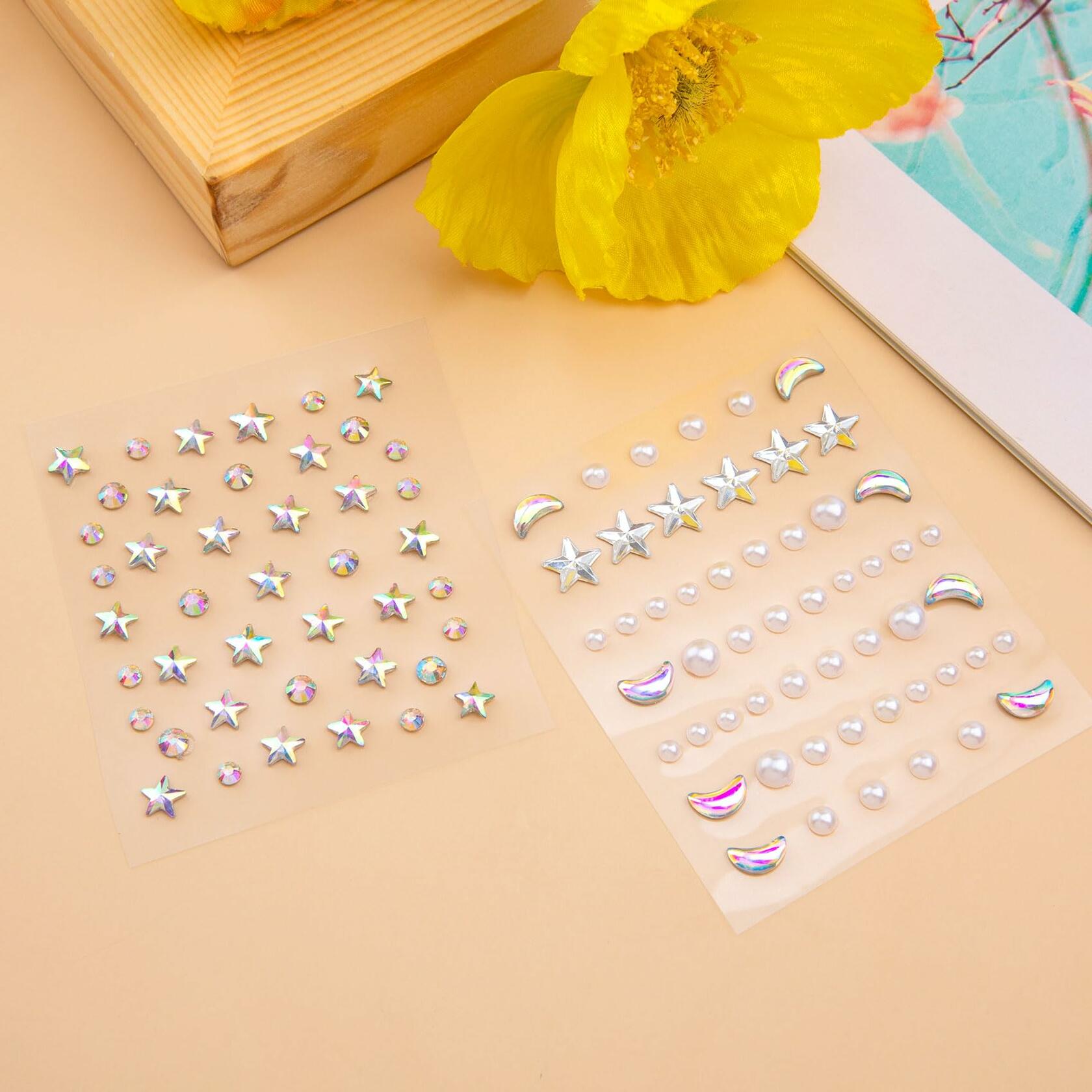 OIIKI 2 Sheets Face Eye Gems Stickers Rhinestone Body Nail Stickers White