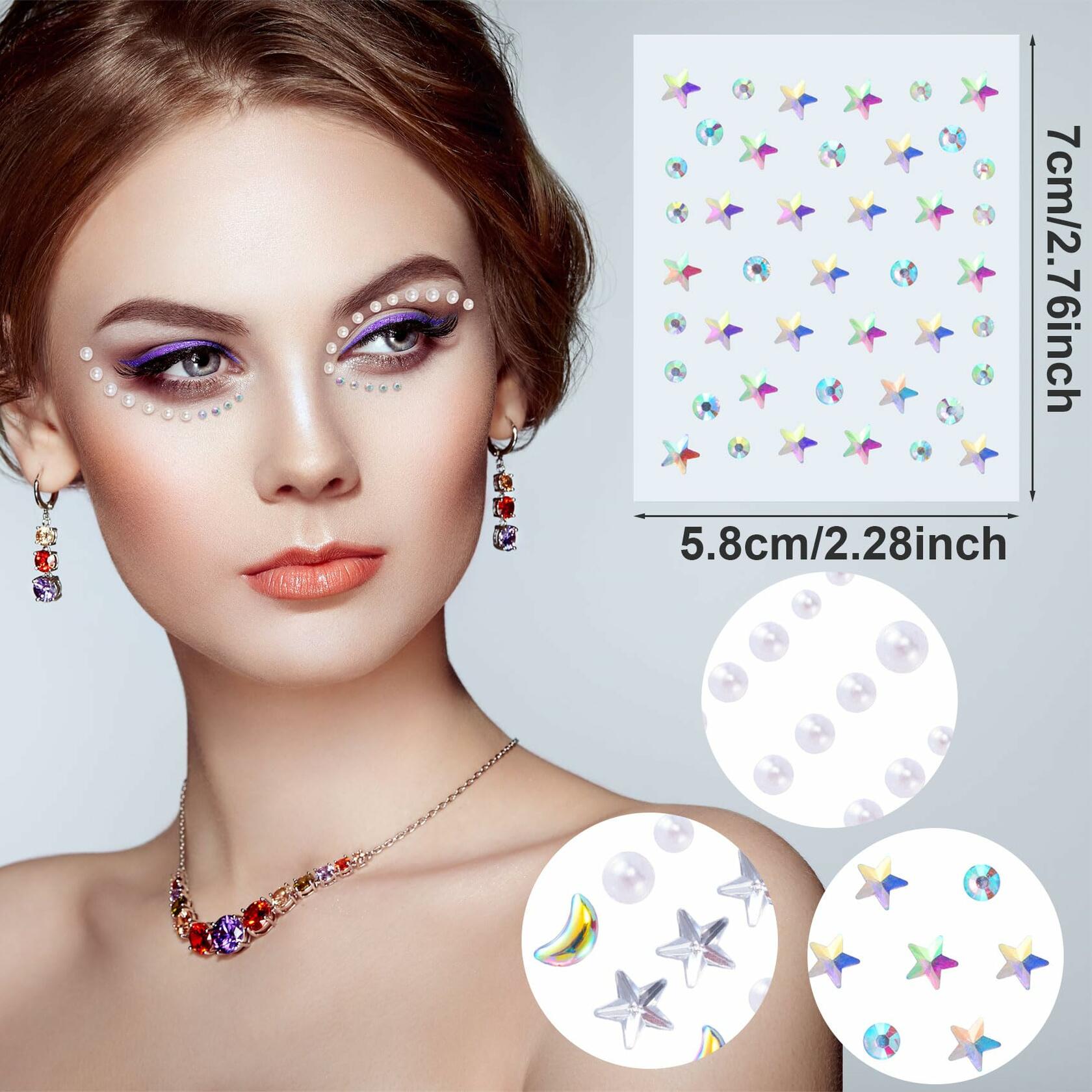 OIIKI 2 Sheets Face Eye Gems Stickers Rhinestone Body Nail Stickers White