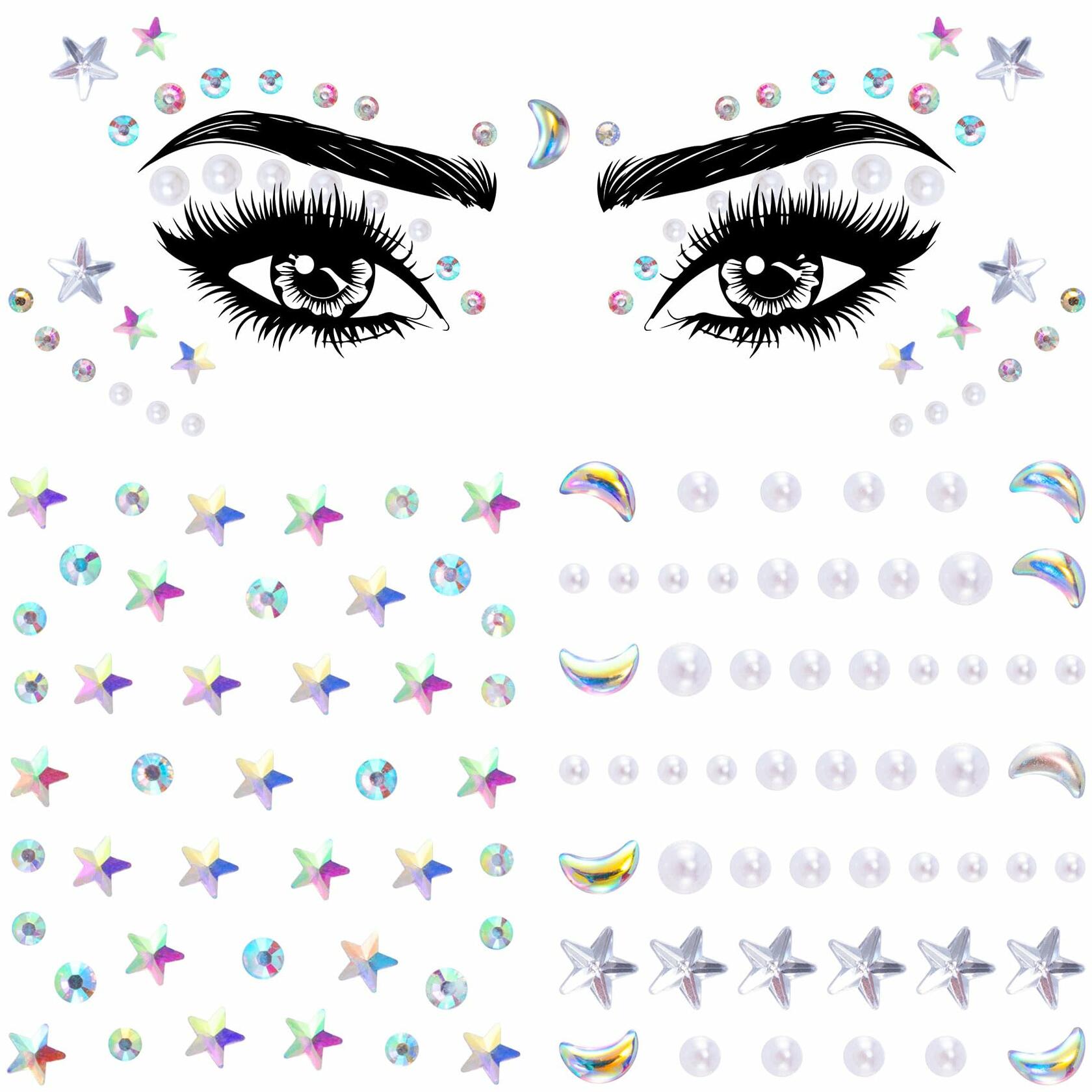 OIIKI 2 Sheets Face Eye Gems Stickers Rhinestone Body Nail Stickers White