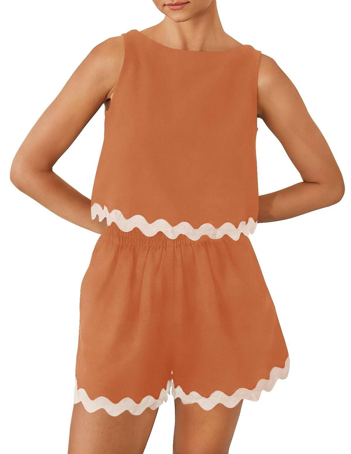ZESICA Women's 2 Piece Linen Lace Trim Tank Crop Top & Shorts Set Dim Size M