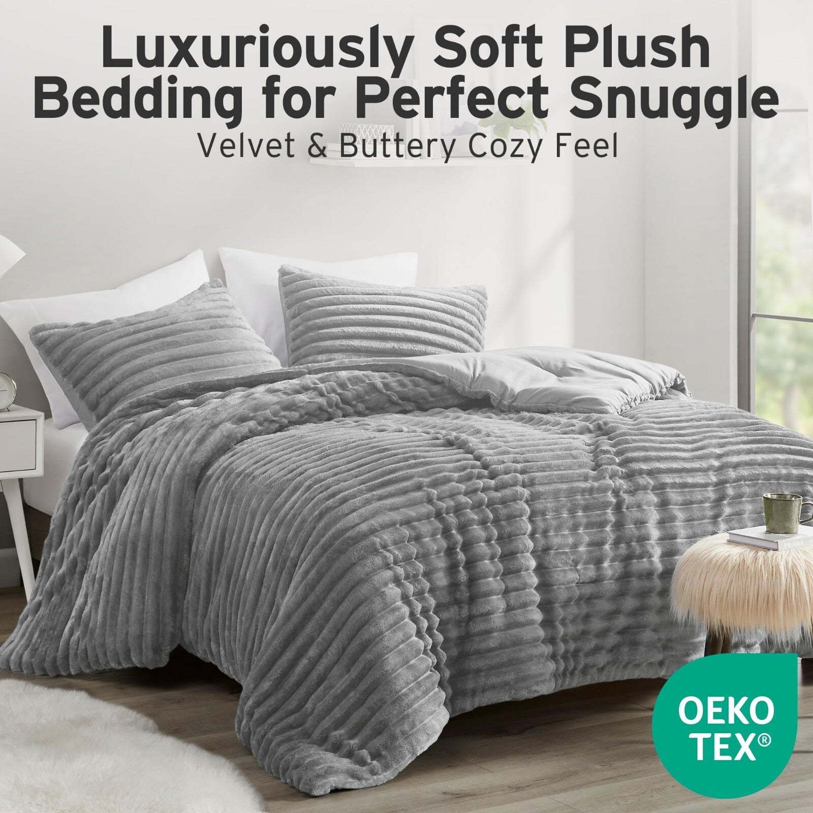dennylife Queen Comforter Set Dandelion Velvet Soft Microfiber 3 PCS Light Grey