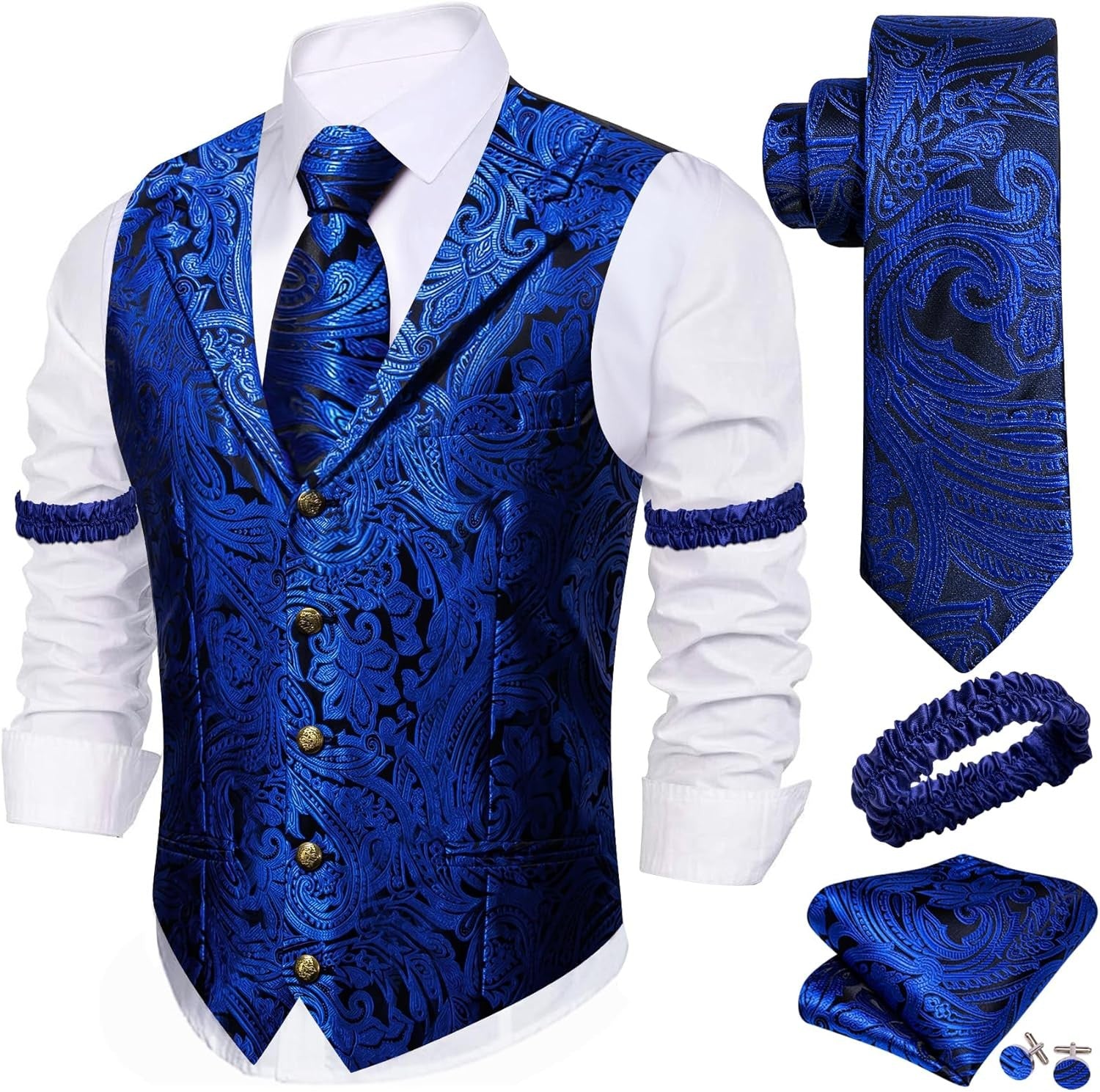 YourTies Royal Blue Paisley Silk Vest Waistcoat Tie Pocket Square Set
