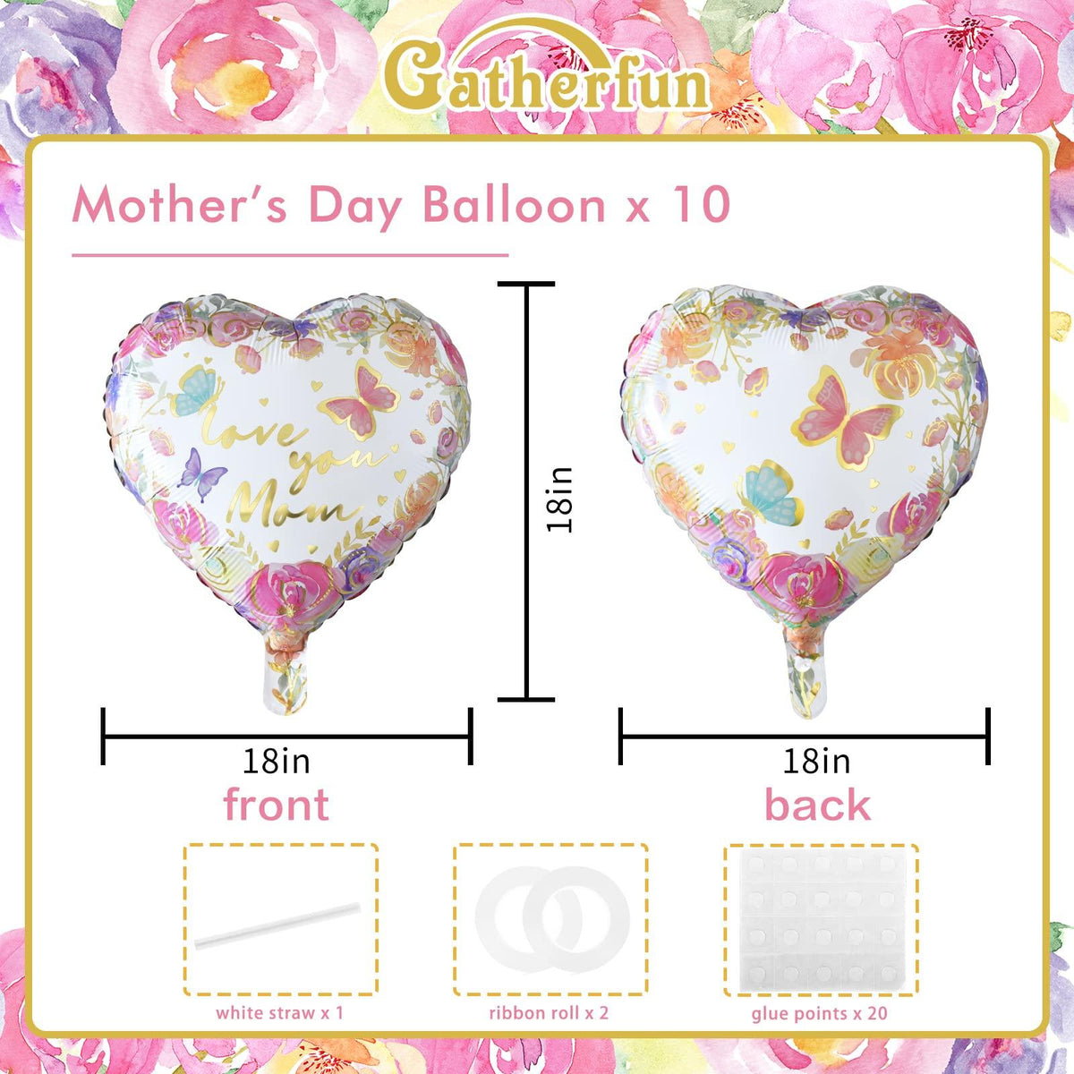 Gatherfun Mother's Day Balloon Set, 10-Pack Floral Hearts