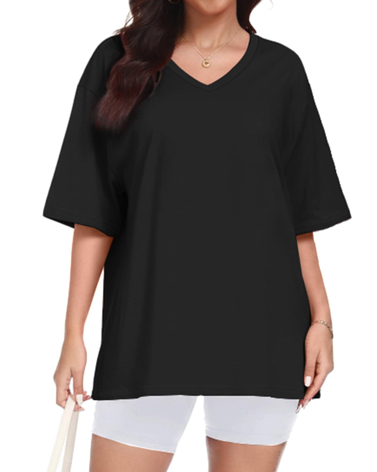 ADOREJOY Women's Oversized Black V-Neck T-Shirt, Short Sleeve, Small