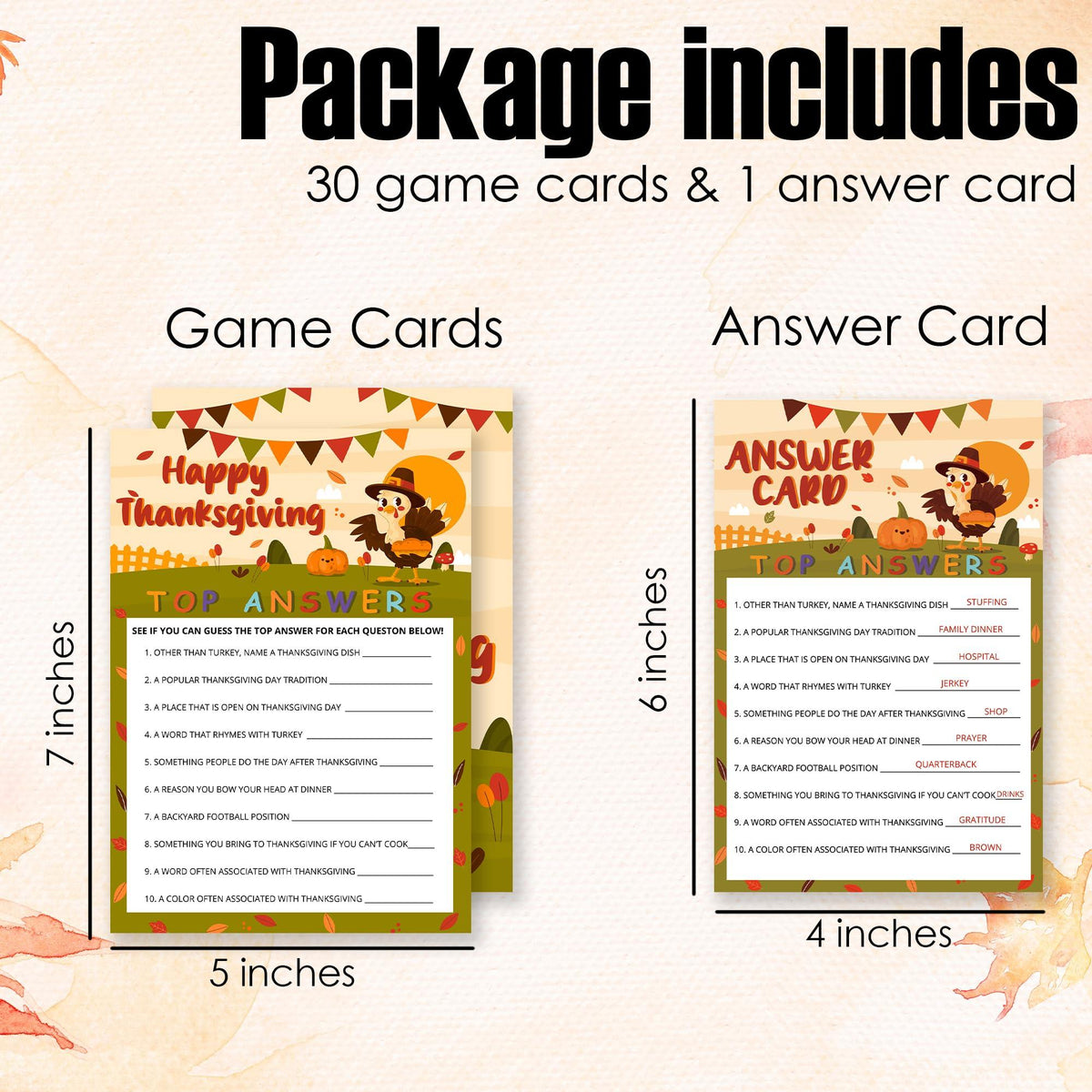 Thanksgiving Top Answers Icebreaker Game Cards, 30 Cards + Answer Card