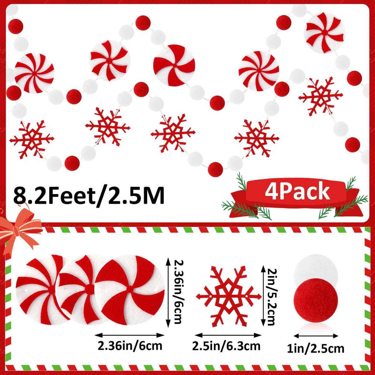 Jansun 4-Pack Christmas Felt Peppermint Snowflake Garland 32.8 ft