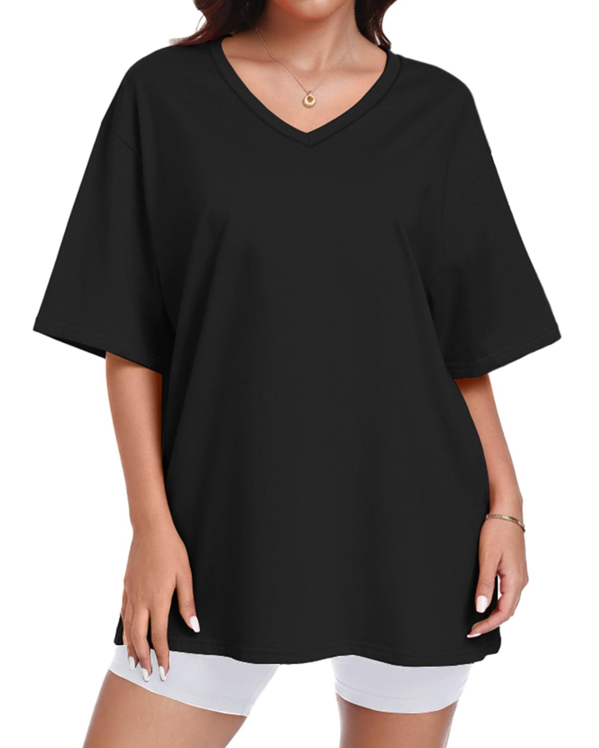 ADOREJOY Women's Oversized Black V-Neck T-Shirt, Short Sleeve, Small