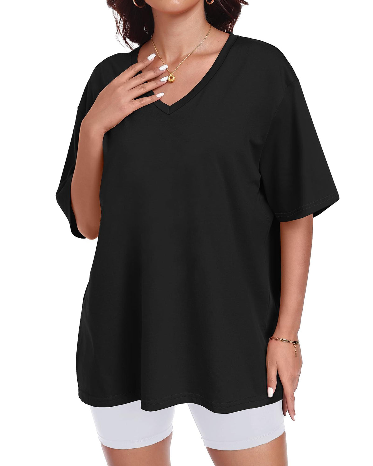ADOREJOY Women's Oversized Black V-Neck T-Shirt, Short Sleeve, Small