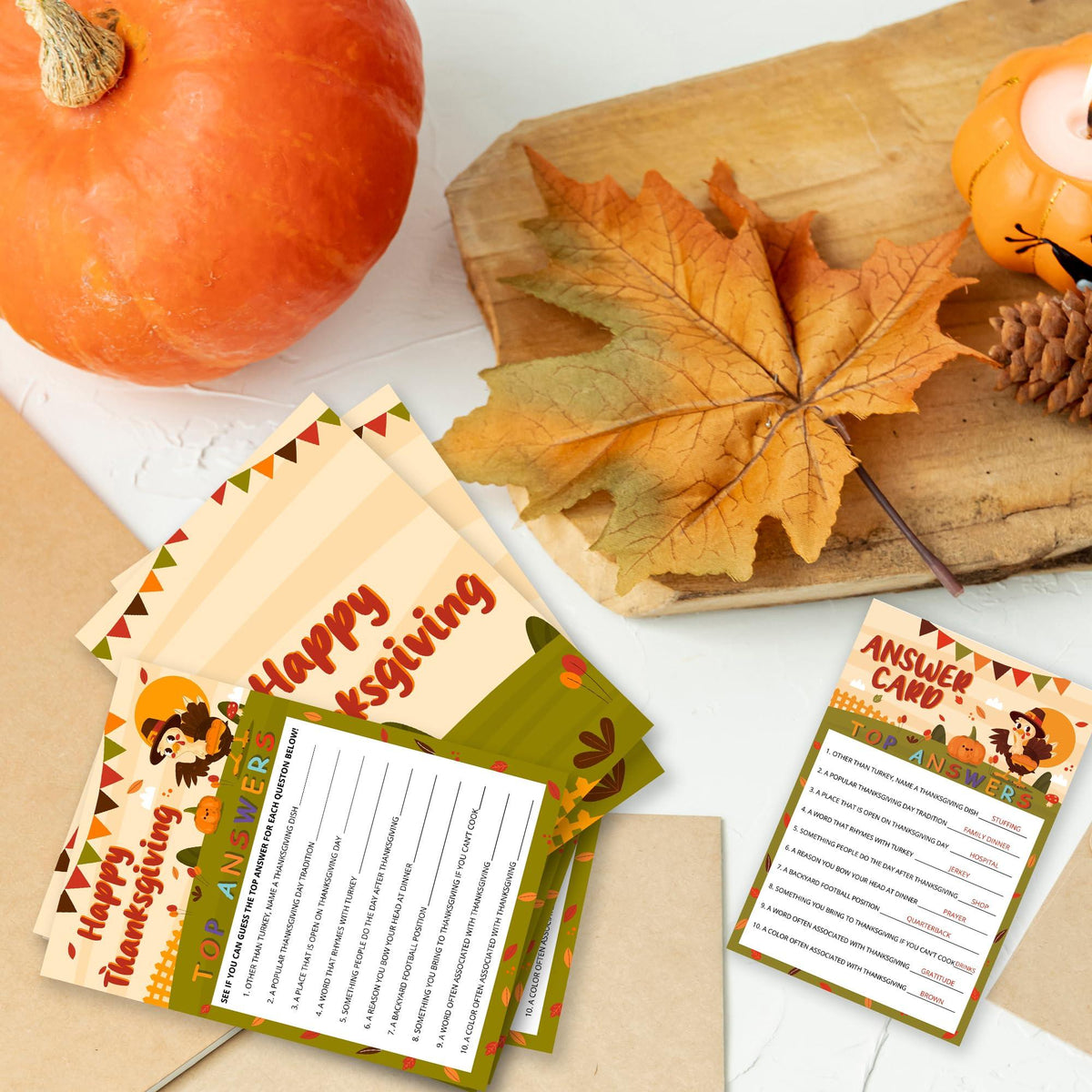 Thanksgiving Top Answers Icebreaker Game Cards, 30 Cards + Answer Card
