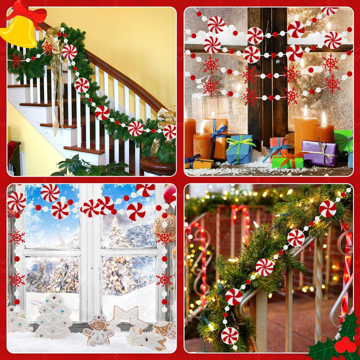Jansun 4-Pack Christmas Felt Peppermint Snowflake Garland 32.8 ft